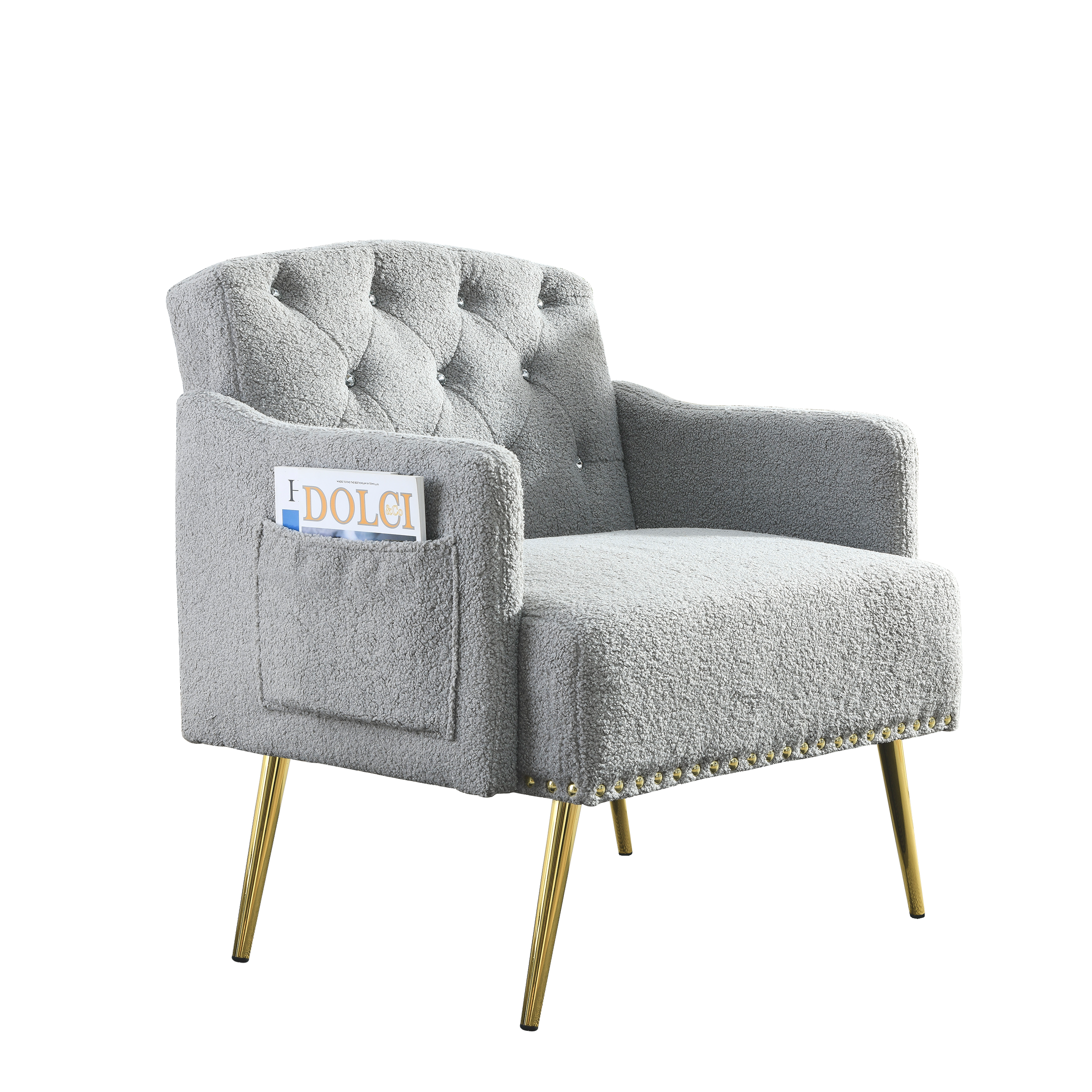 30 "WModern Chesterfield Tufted Upholstered Chair with Deep Buttons, Living Room Chair, Comfortable Armchair, Gold Hardware Legs, Tufted Chair for Reading or Relaxing, GREY TEDDY