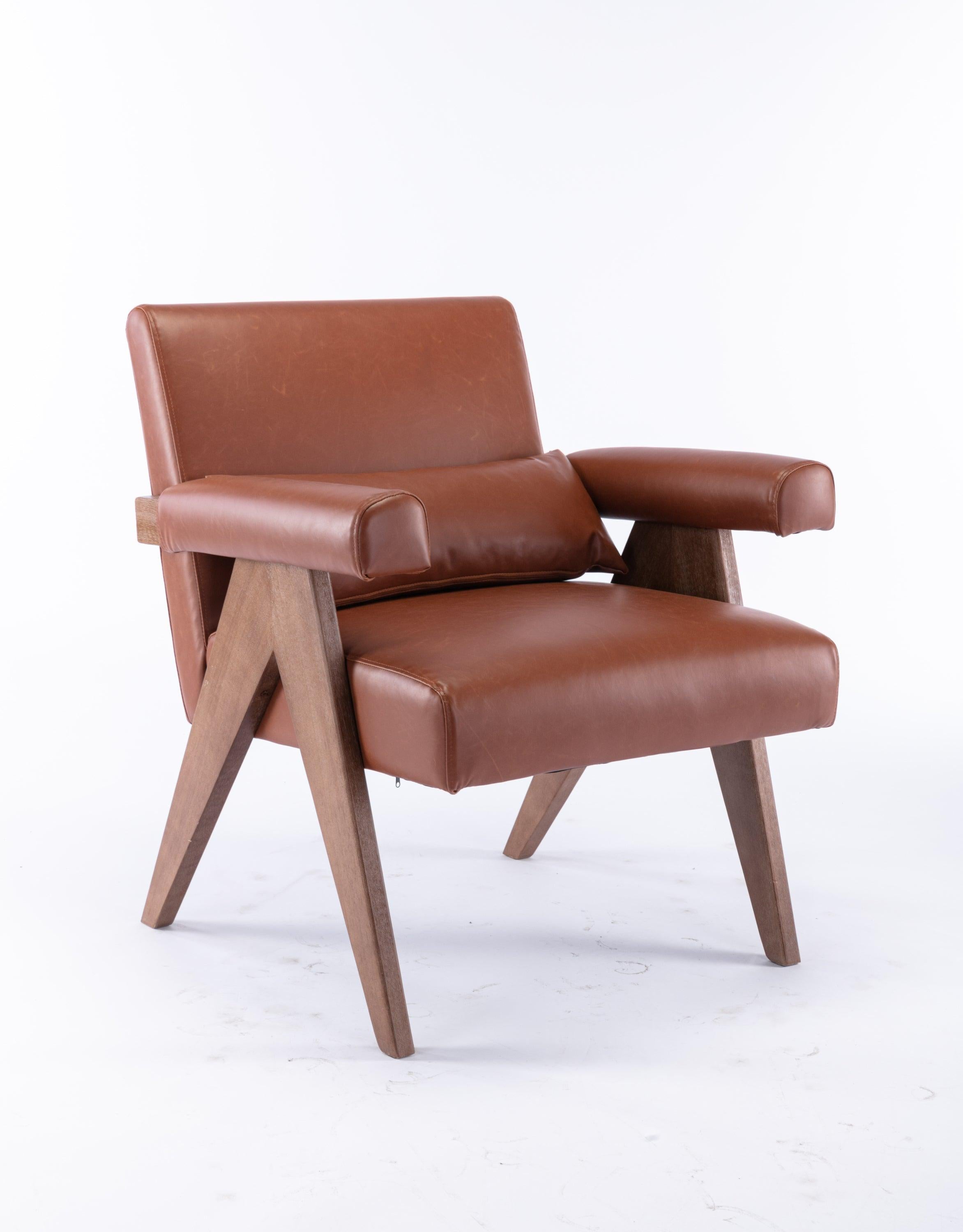 Accent chair, KD rubber wood legs with Walnut finish. PU leather cover the seat. With a cushion.Brown