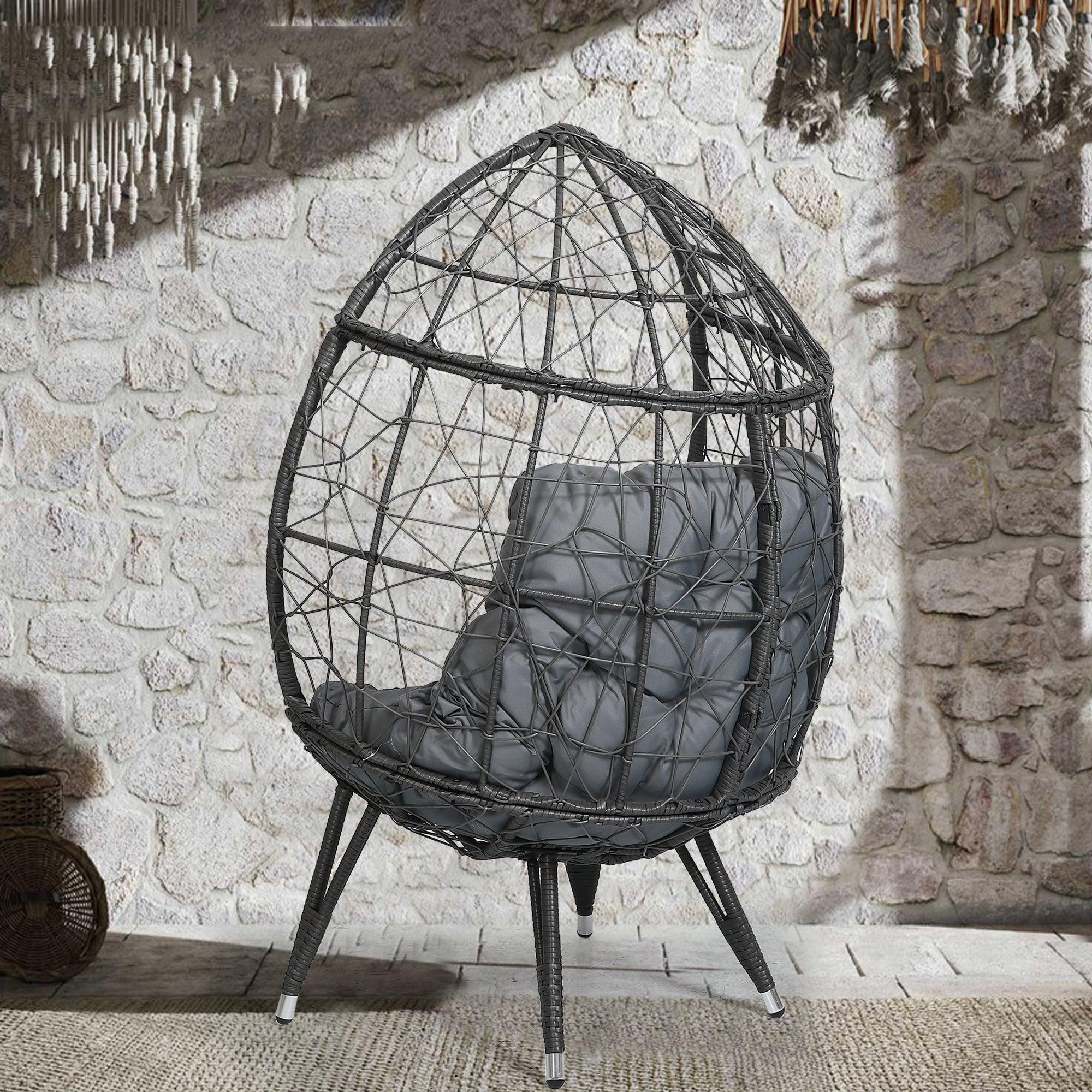 Outdoor Patio Wicker Egg Chair Indoor Basket Wicker Chair with Grey Cusion for Backyard Poolside