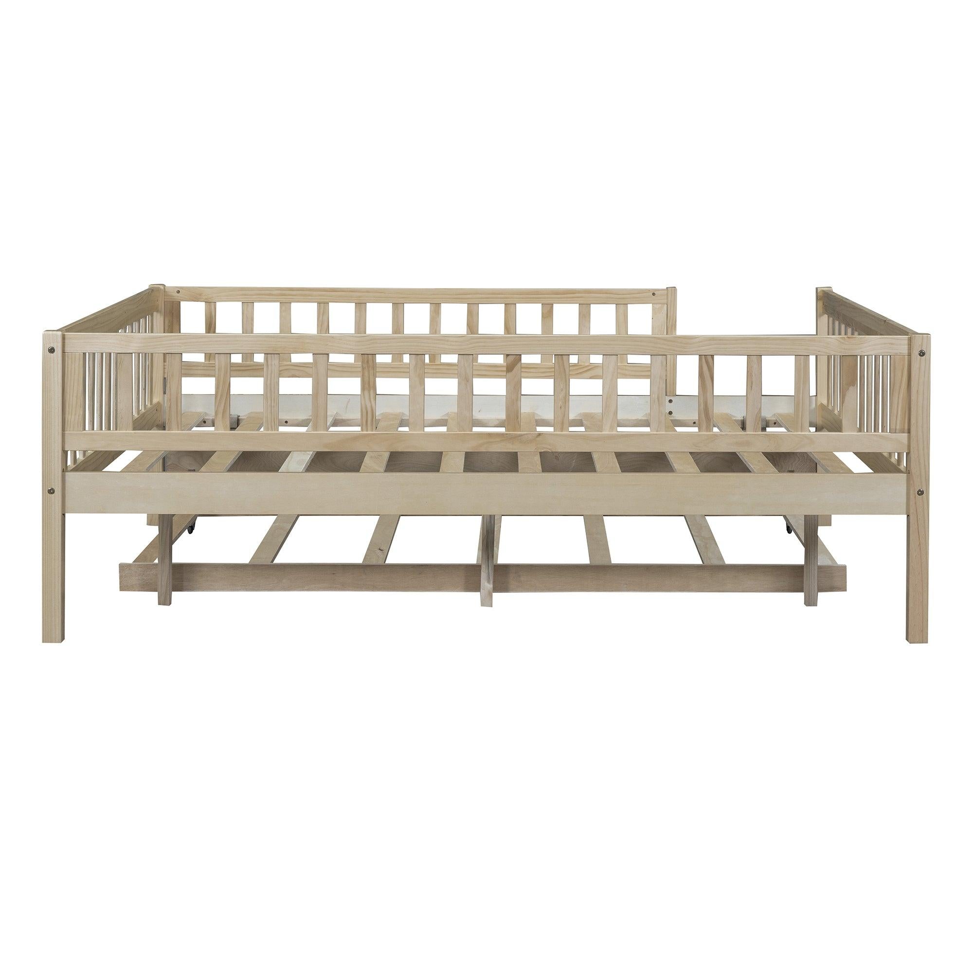 Full Size Wood Daybed with Trundle and Fence Guardrails, Natural