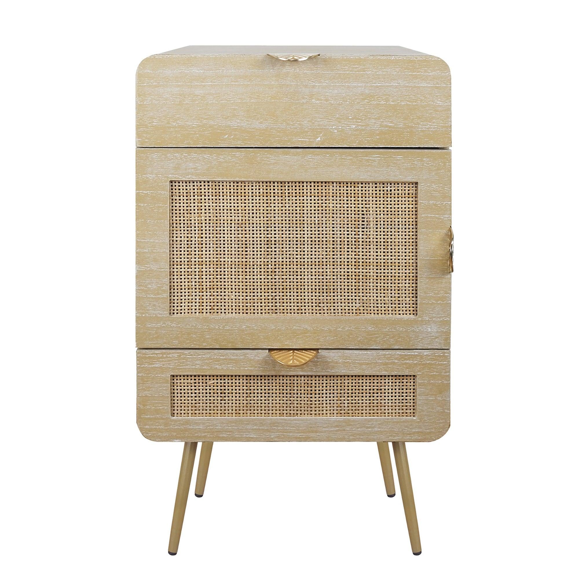 Wooden Nightstand with Rattan Panel,Two Drawers ,One Cabinet and Metal Feet  Bedside Table (Natural)