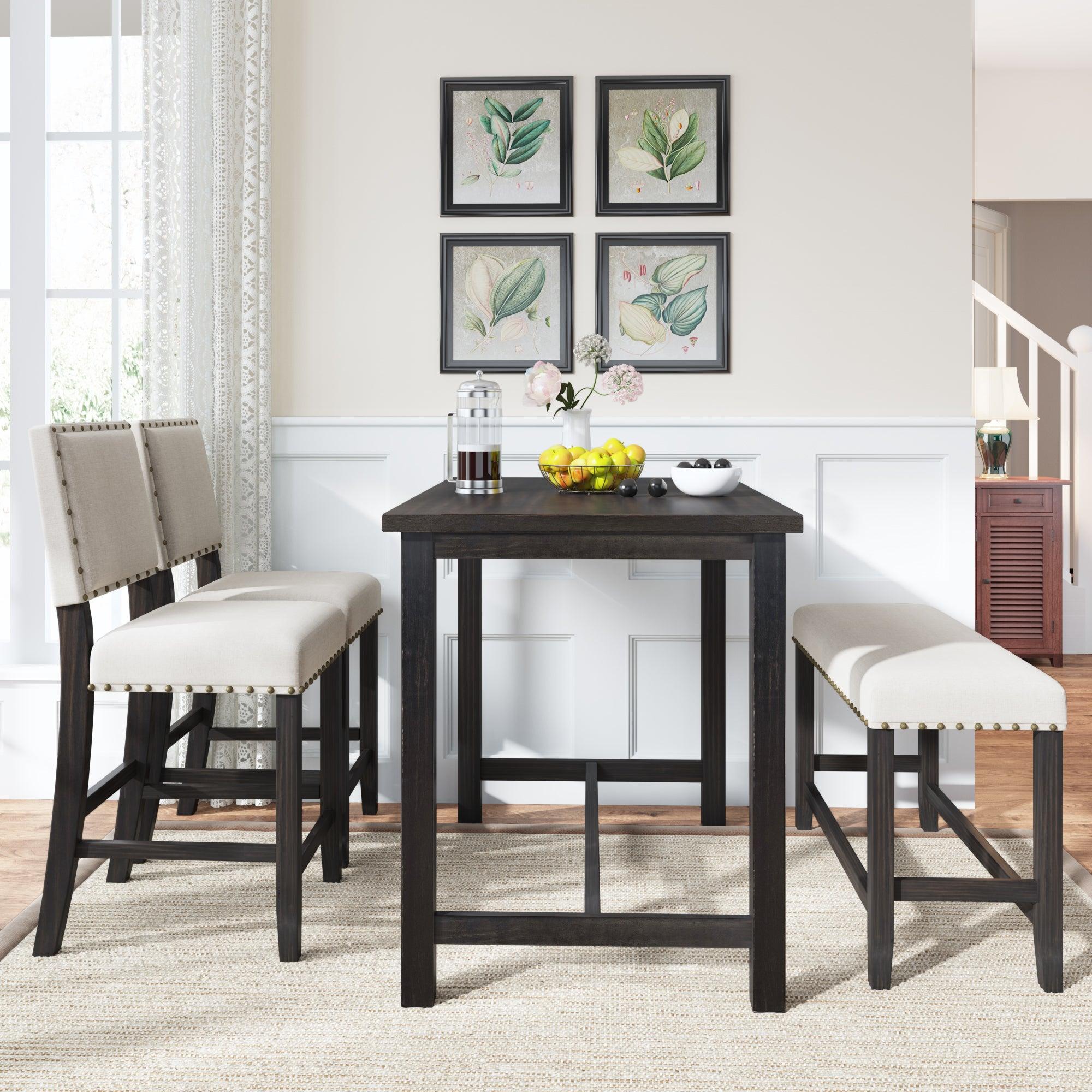 4 Piece Rustic Wooden Counter Height Dining Table Set with Upholstered Bench for Small Places, Espresso+ Beige image