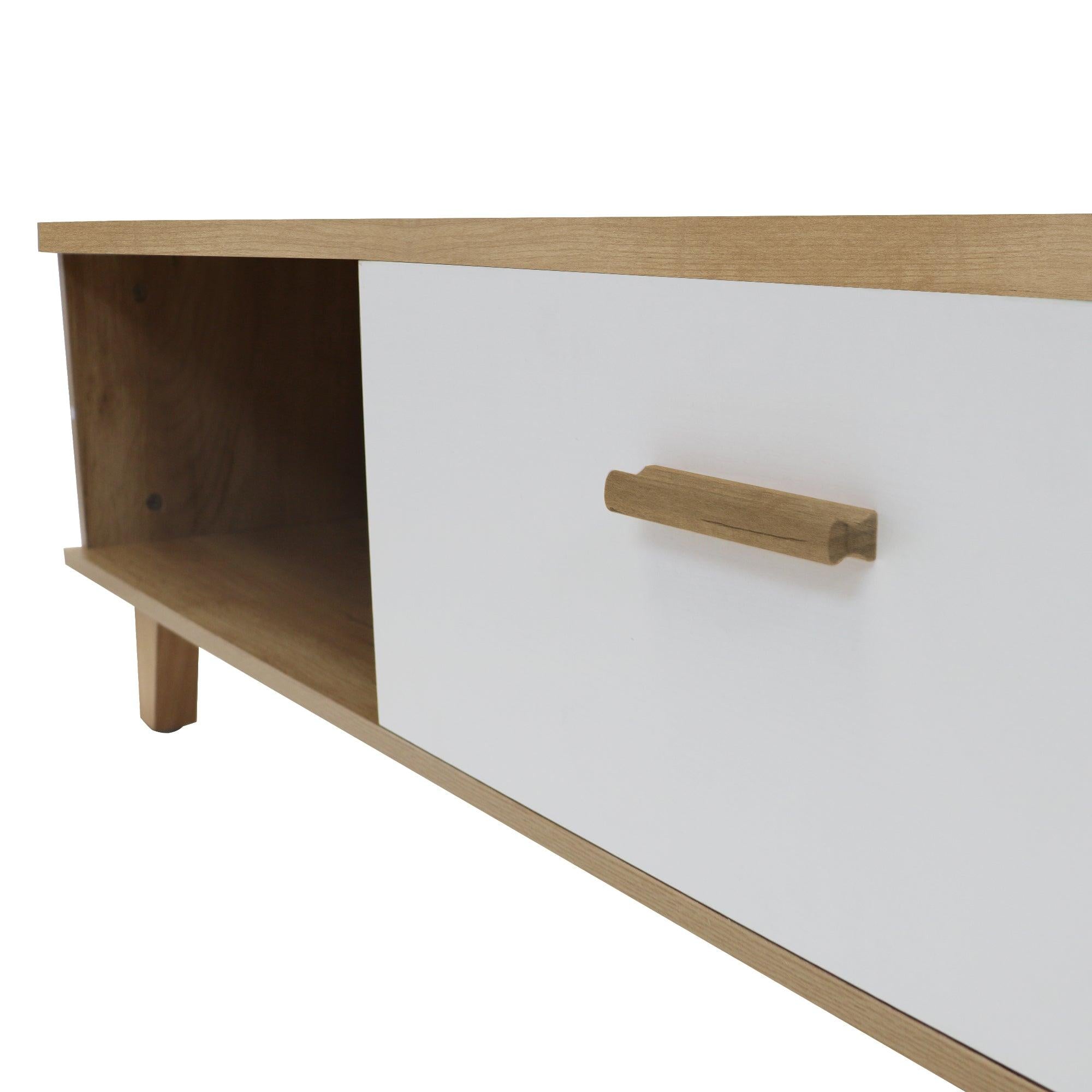 COFFEE TABLE，computer table, wood+white color, solid wood handles and legs, two drawers