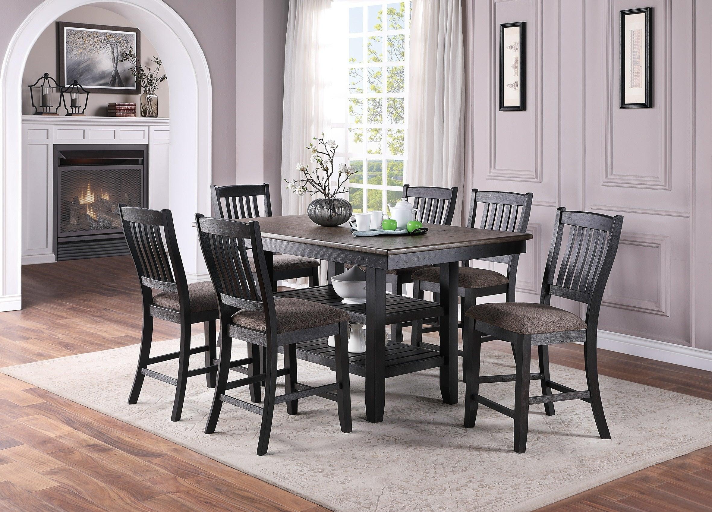 Transitional Dining Room 7pc Set Dark Coffee Rubberwood Counter Height Dining Table w 2x Shelfs and 6x High Chairs Fabric Upholstered seats Unique Back Counter Height Chairs image