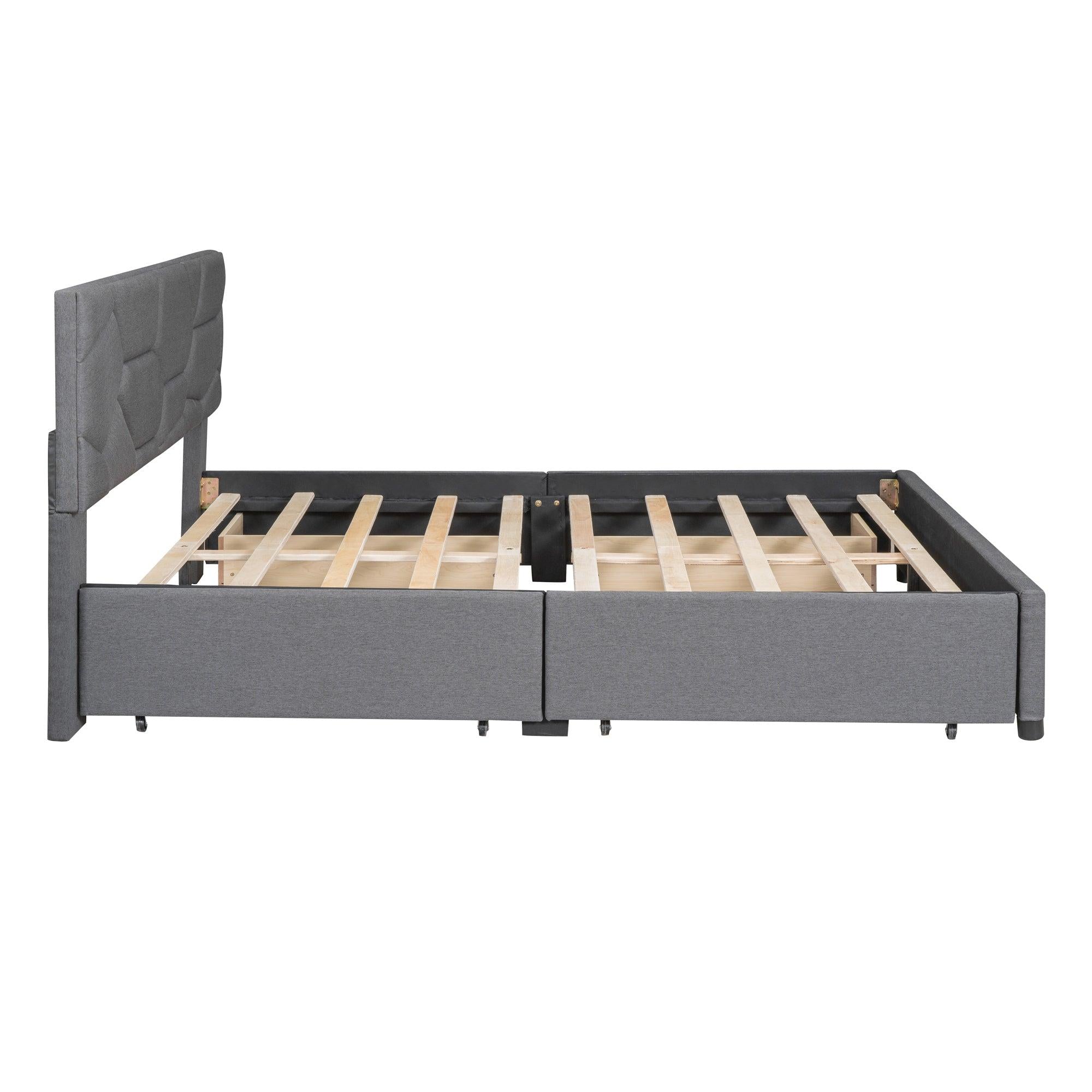 Queen Size Upholstered Platform Bed with Brick Pattern Heardboard and 4 Drawers, Linen Fabric, Gray