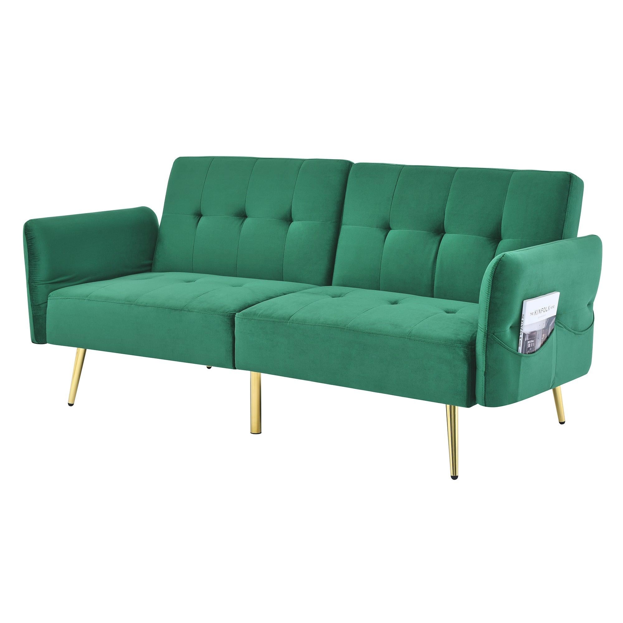 78" Italian Velvet Futon Sofa Bed, Convertible Sleeper Loveseat Couch with Folded Armrests andStorage Bags for Living Room and Small Space, Green 280g velvet