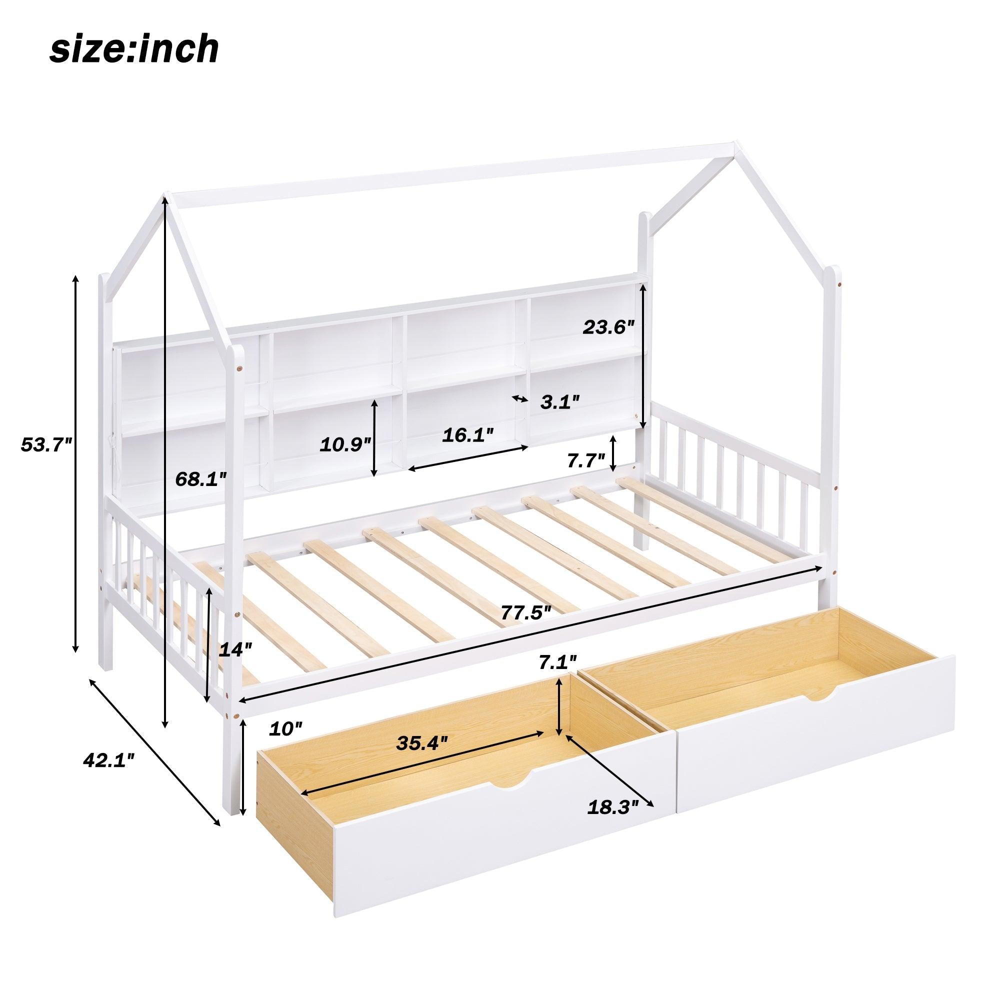 Wooden Twin Size House Bed with 2 Drawers,Kids Bed withStorage Shelf, White