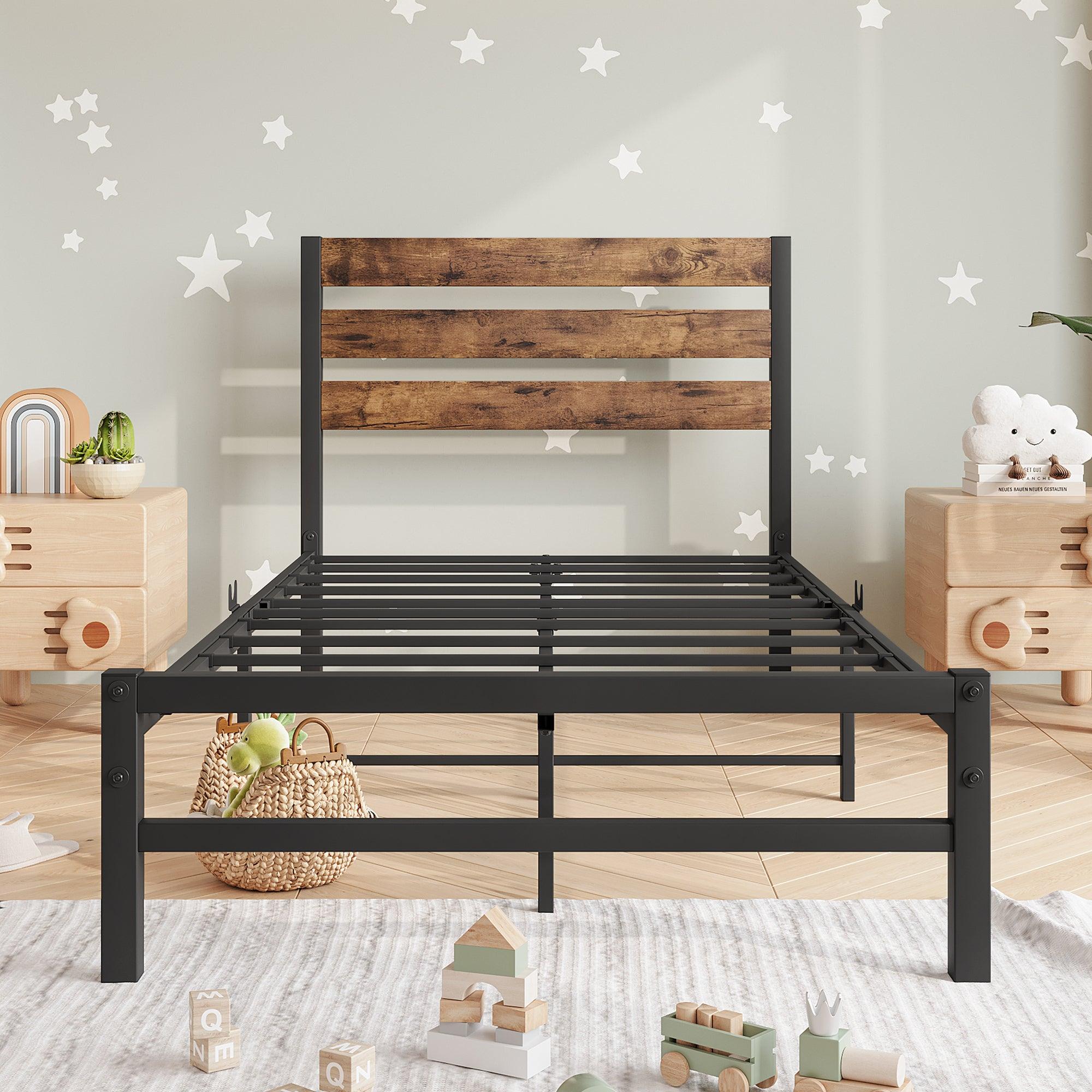 Twin Size Platform Bed Frame with Rustic Vintage Wood Headboard, Strong Metal Slats Support Mattress Foundation, No Box Spring Needed Rustic Brown