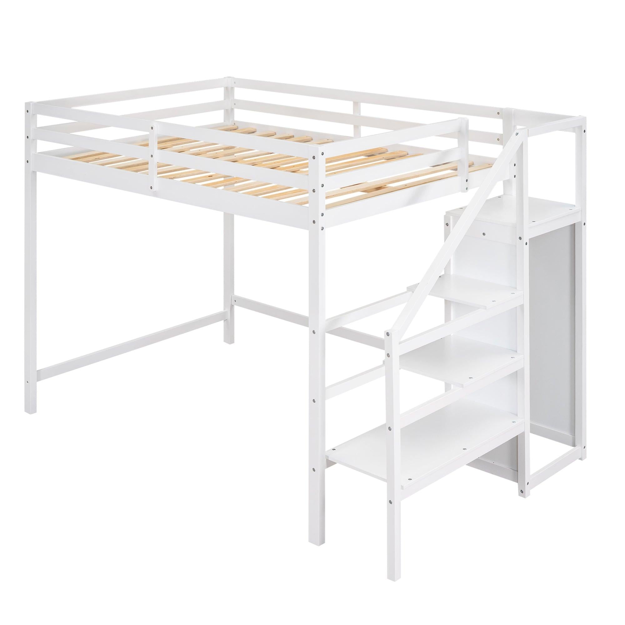 Full Size Loft Bed with Built-inStorage Wardrobe and Staircase,White