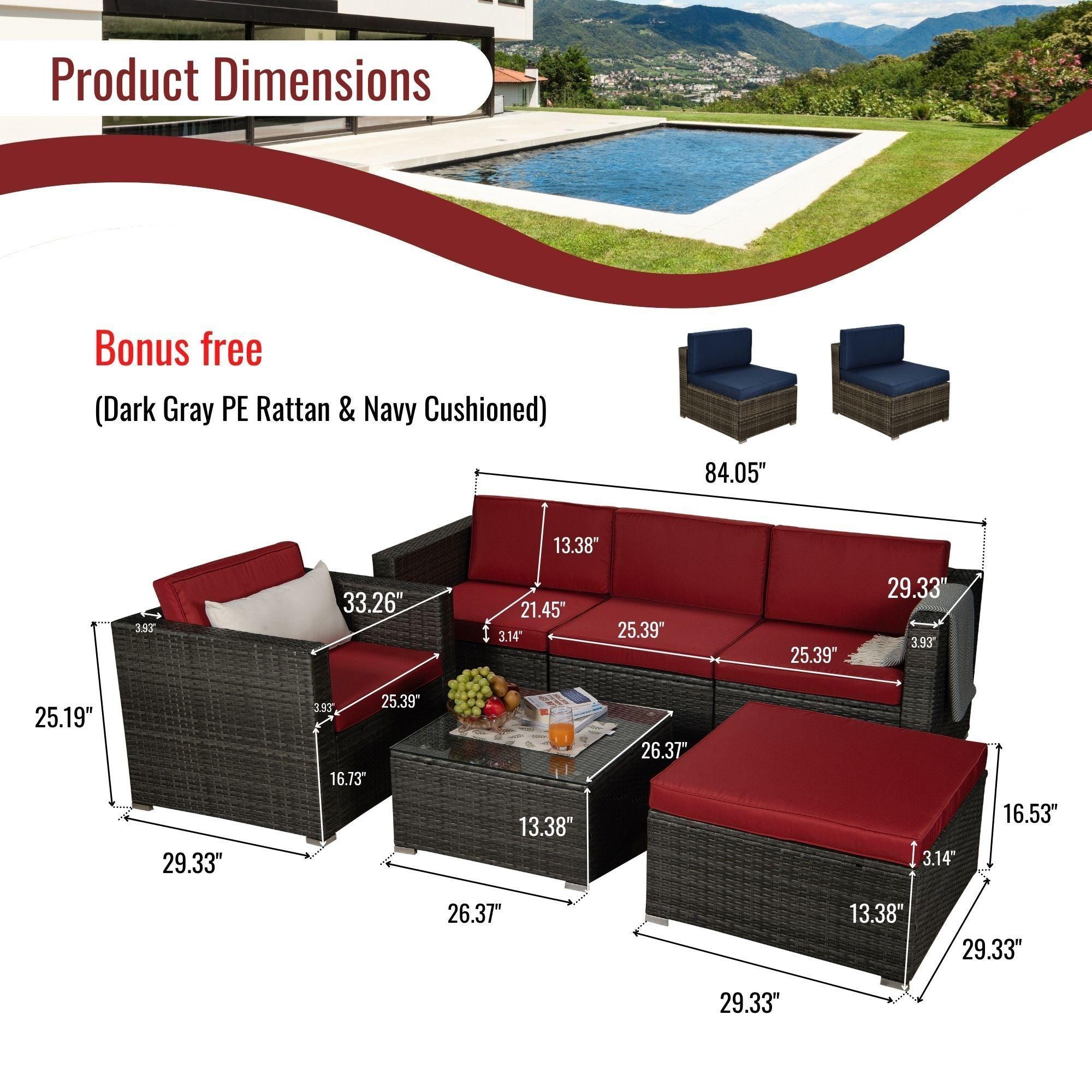 Outdoor Garden Patio Furniture 8-Piece Gray PE Rattan Wicker Sectional Red Cushioned Sofa Sets