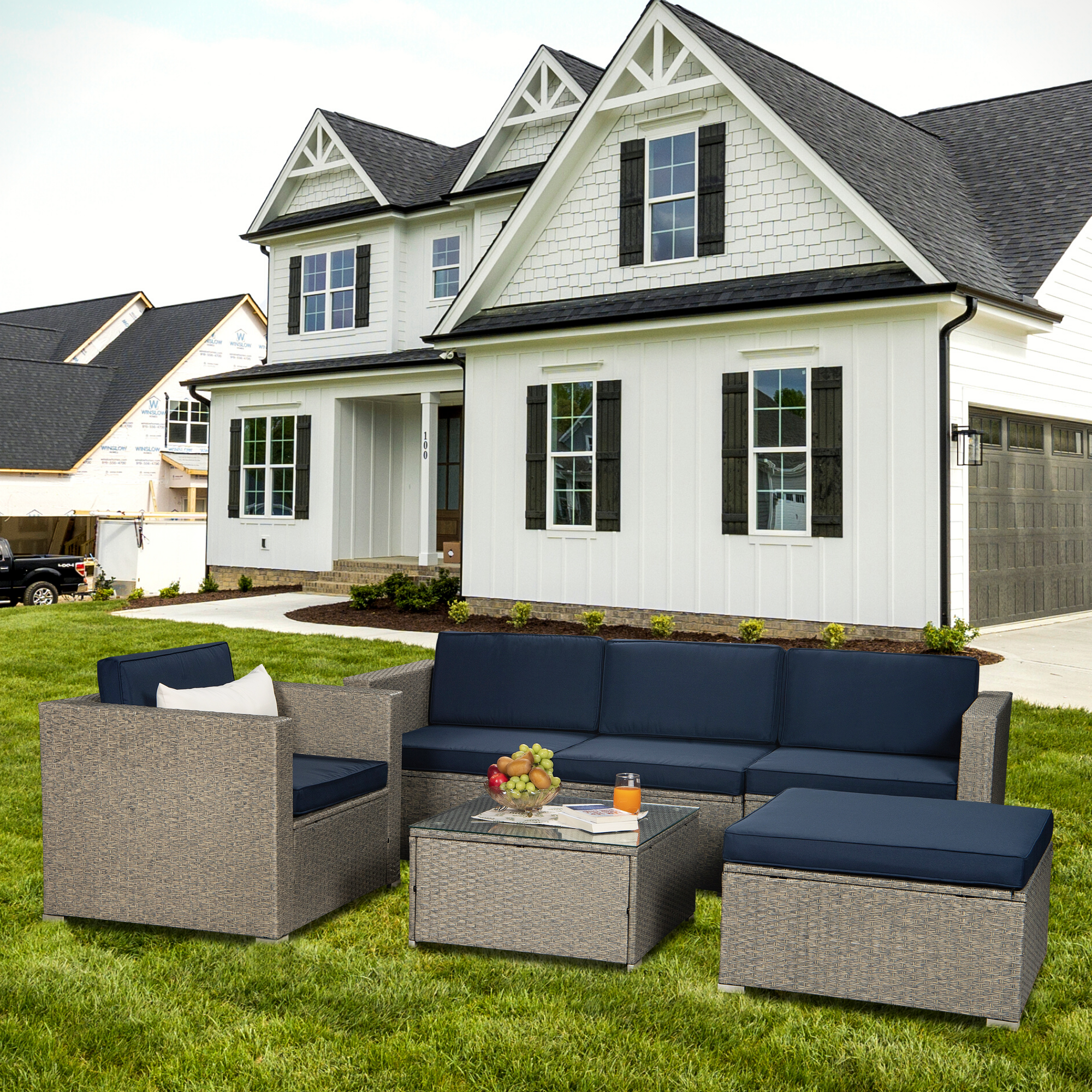 Outdoor Garden Patio Furniture 6-Piece Gray Mix Yellow PE Rattan Sectional Navy Cushioned Wicker Sofa Set with 1 Beige Pillows