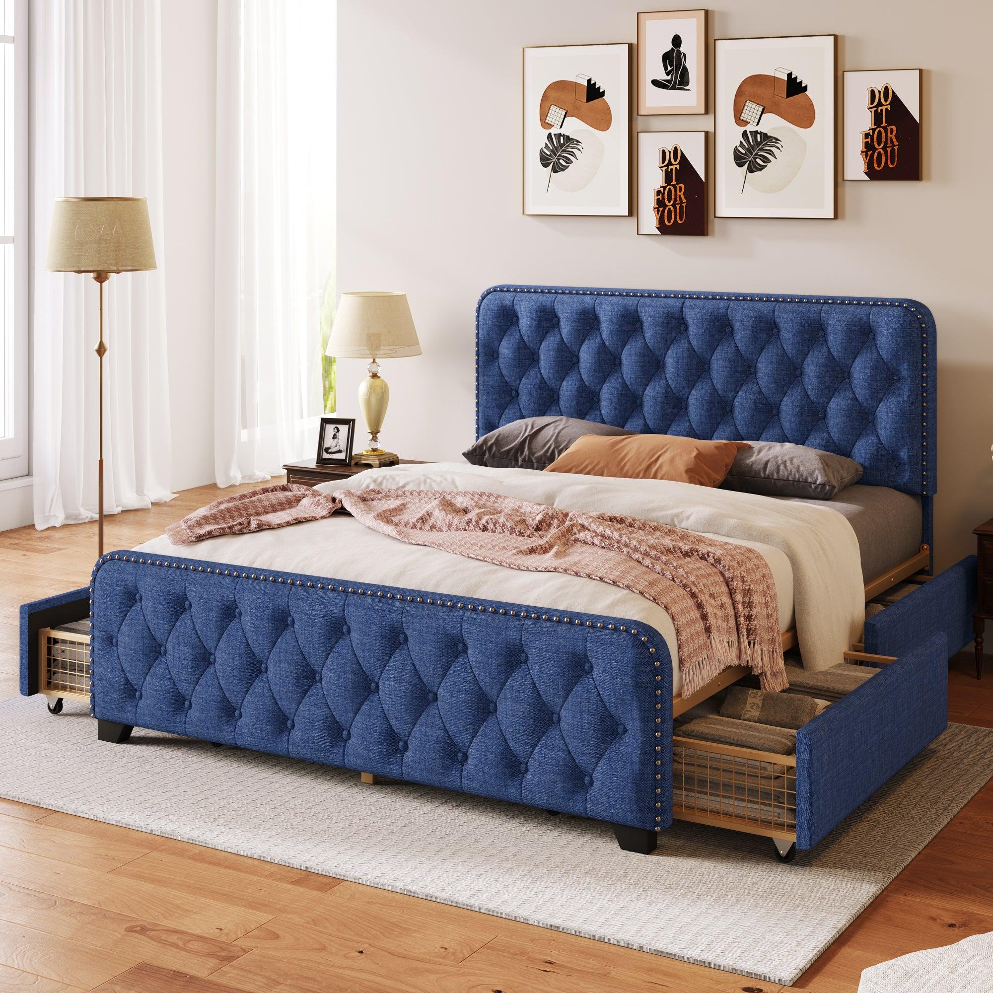 Upholstered Platform Bed Frame with Four Drawers, Button Tufted Headboard and Footboard Sturdy Metal Support, No Box Spring Required, Blue, Queen image