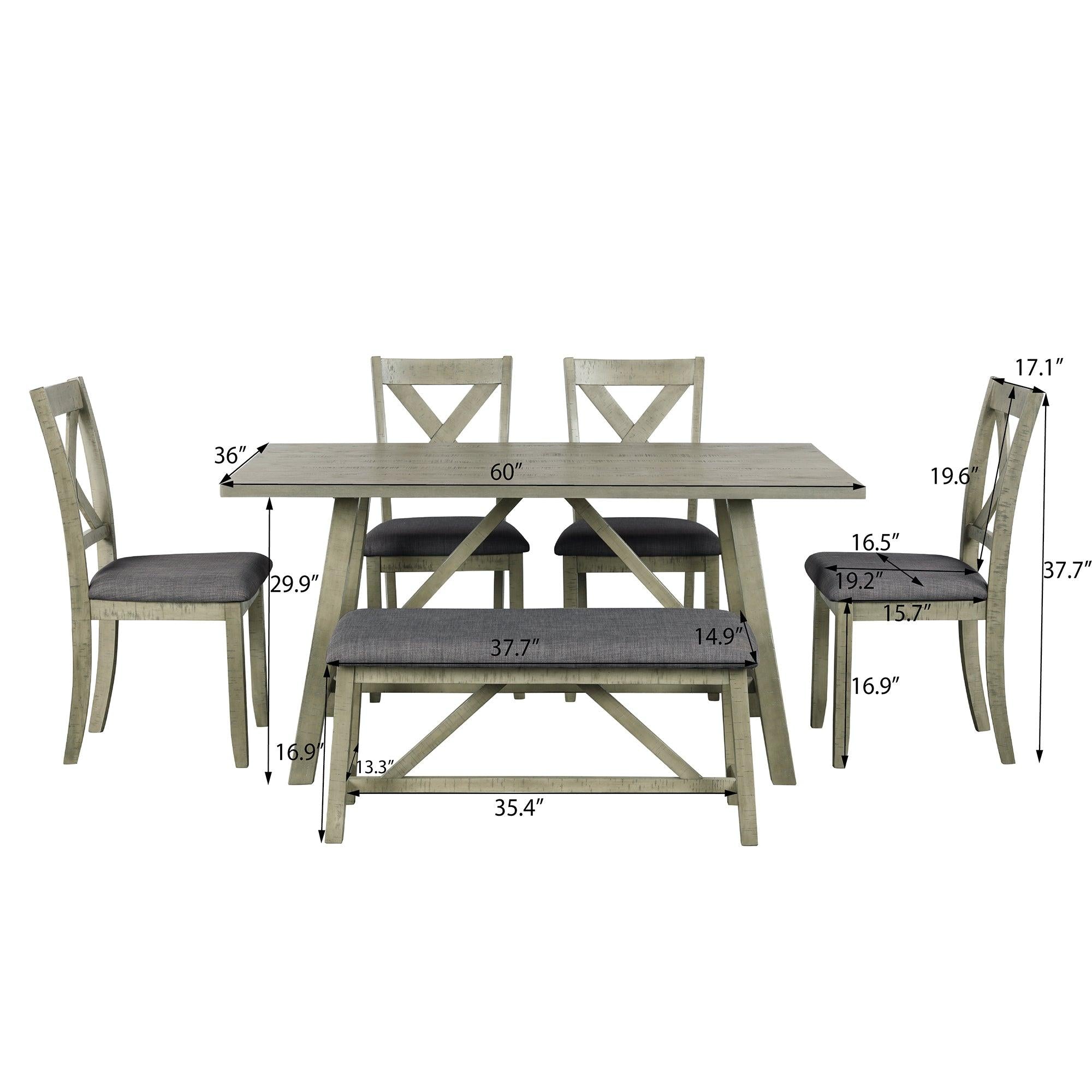 6 Piece Dining Table Set Wood Dining Table and chair Kitchen Table Set with Table, Bench and 4 Chairs, Rustic Style, Gray