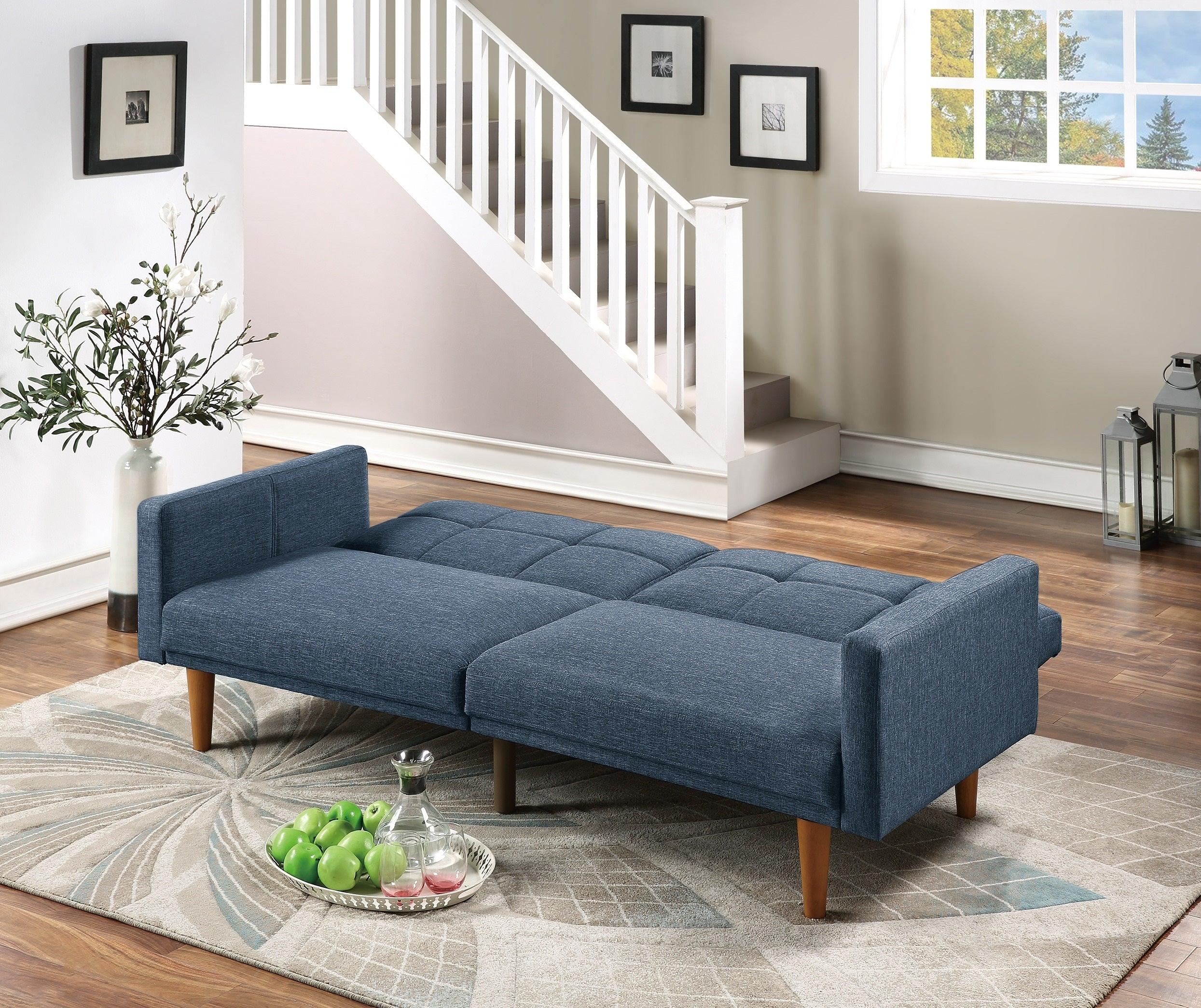 Transitional Look Living Room Sofa Couch Convertible Bed Navy Polyfiber 1pc Tufted Sofa Cushion Wooden Legs