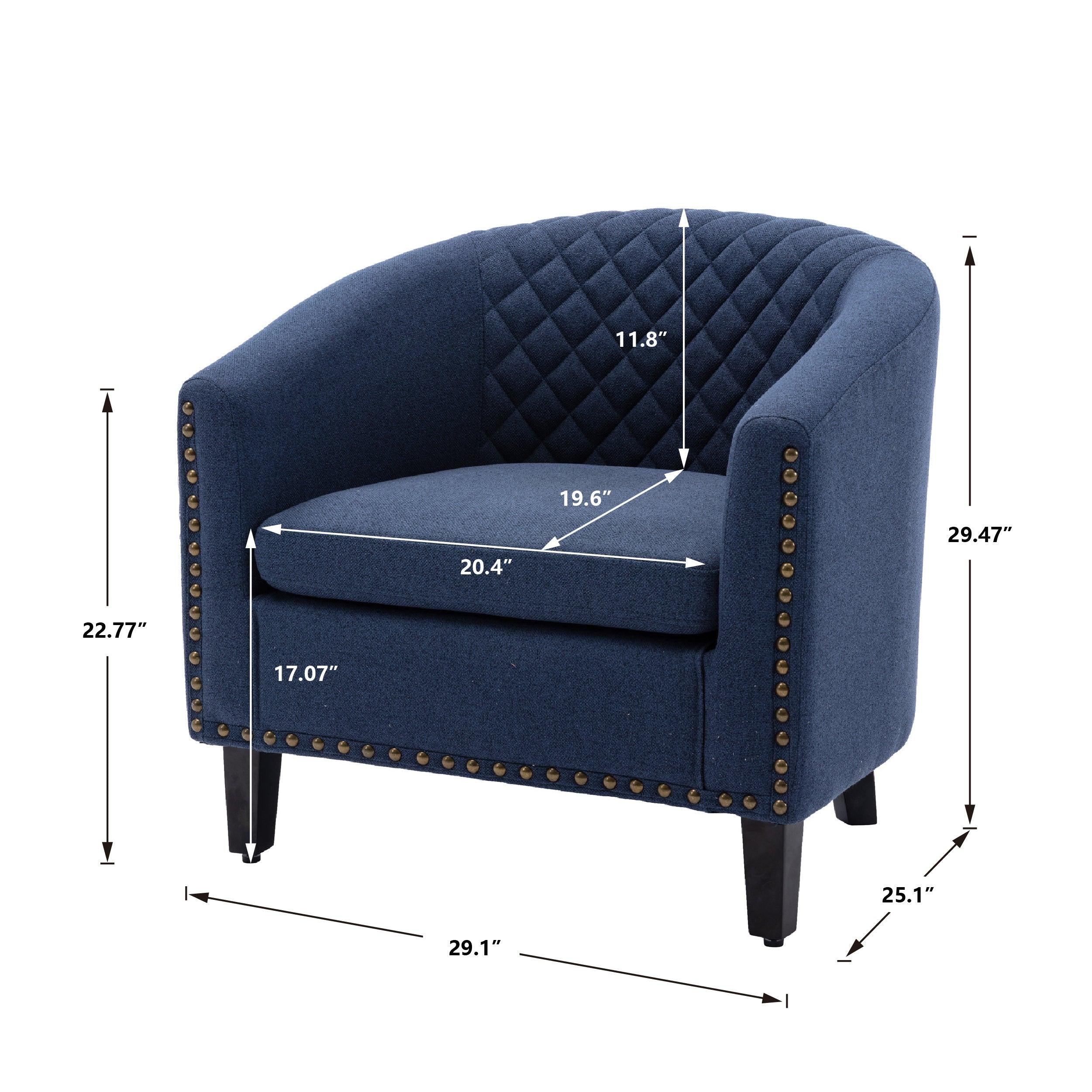 accent Barrel chair living room chair with nailheads and solid wood legs  Black  Navy  Linen