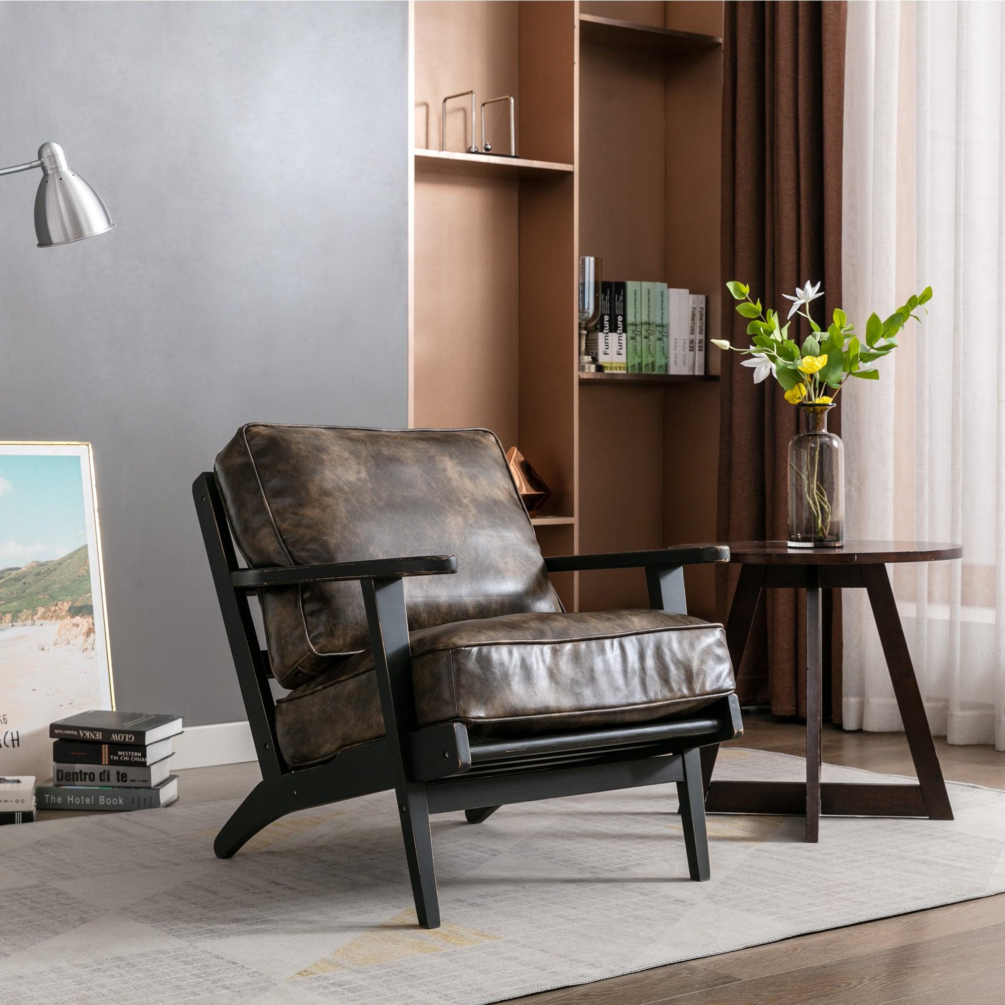 solid wood  black antique painting removable cushion arm chair, mid-century PU leather accent chair image