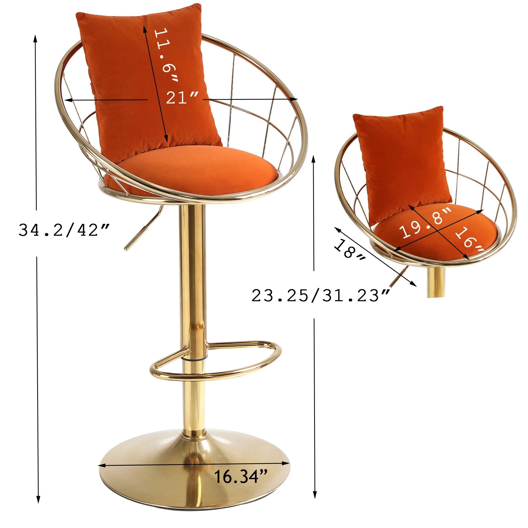 Orange velvet bar chair, pure gold plated, unique design，360 degree rotation, adjustable height，Suitable for dinning room and bar，set of 2