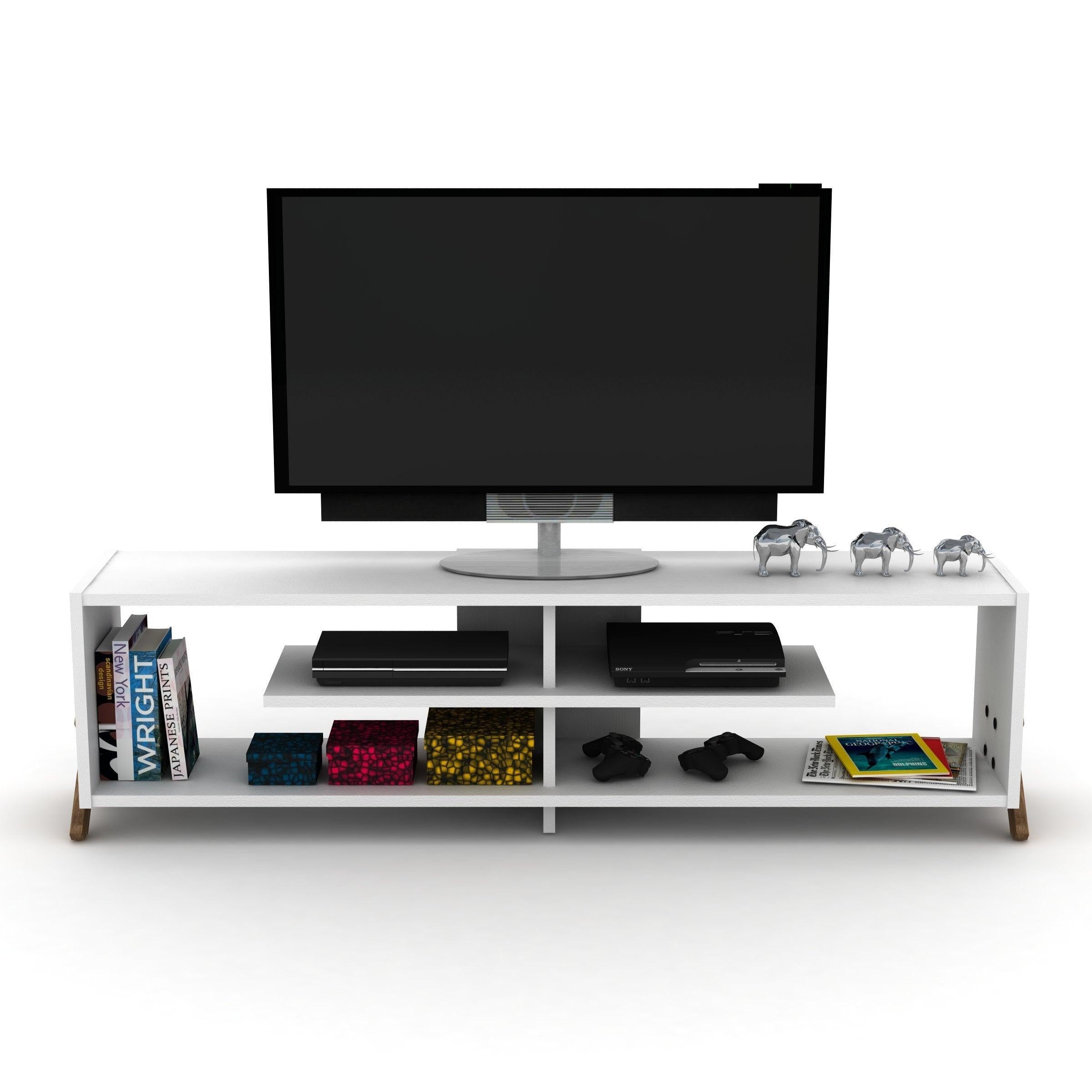 Mid CenturyModern Tv Stand 4 Shelves OpenStorage Wood Legs Entertainment Centre 57 inch Low Tv Unit, Walnut/White image