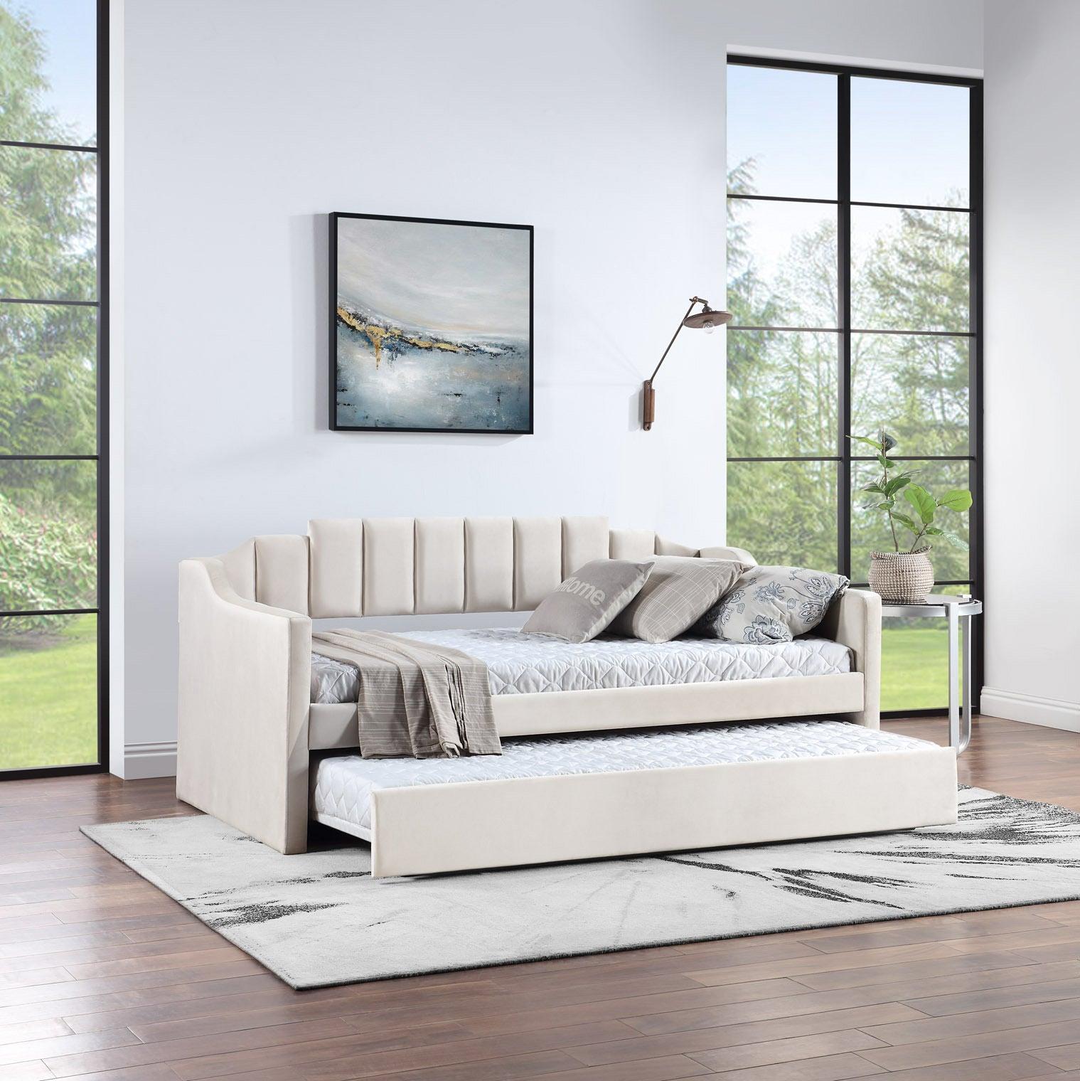 Velvet Daybed with Trundle Upholstered Tufted Sofa Bed,  both Twin Size, Beige