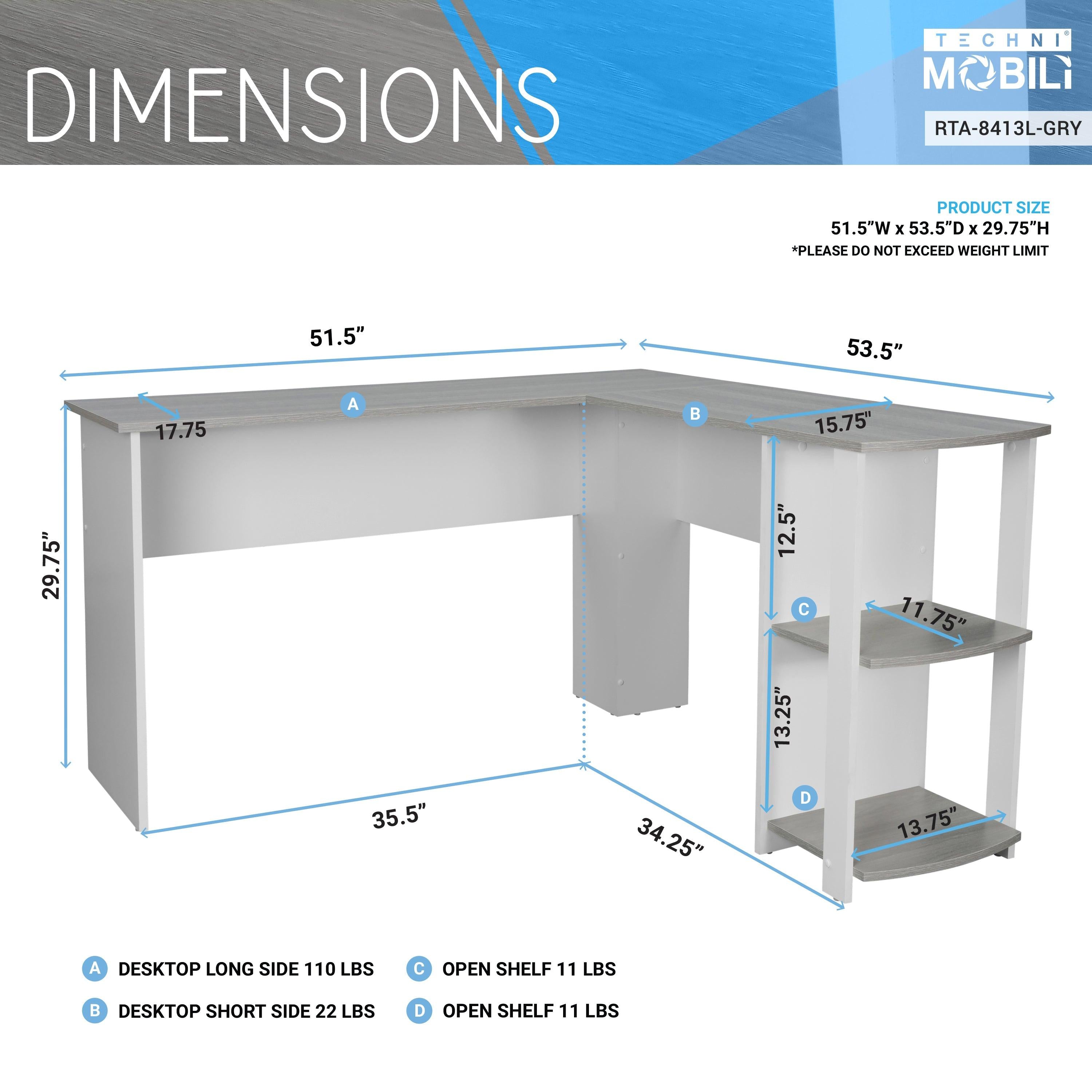 Techni MobiliModern L-Shaped Desk with Side Shelves, Grey