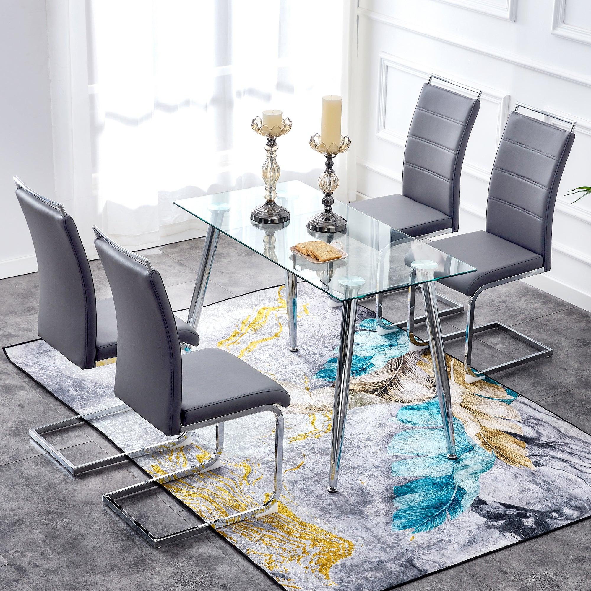 Glass Dining Table, Dining Chair set, 4 Grey  Dining Chairs and 1 Dining Table .Table Size 51" W x 31"D x 30" H