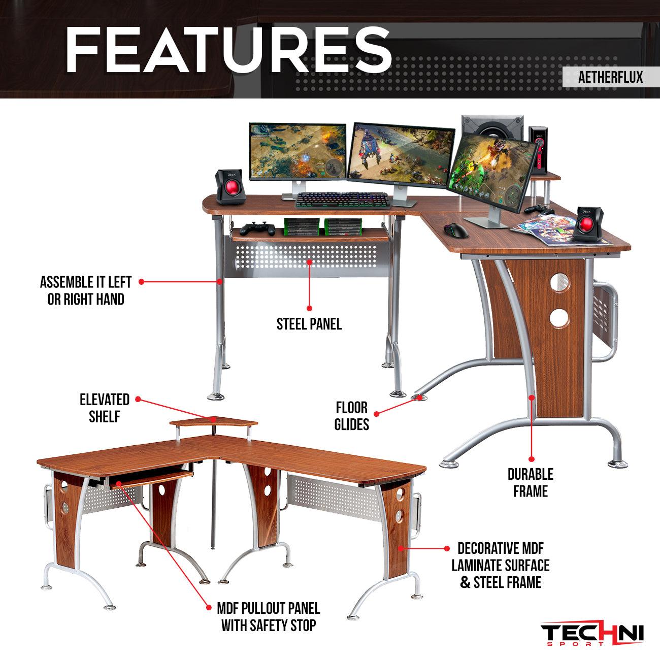 Techni Mobili Deluxe L-Shaped Computer Desk With Pull Out Keyboard Panel, Mahogany