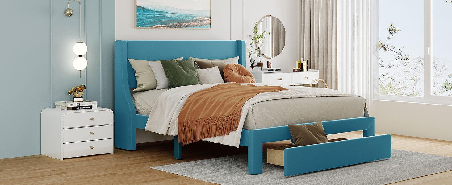 Queen SizeStorage Bed Velvet Upholstered Platform Bed with a Big Drawer - Blue