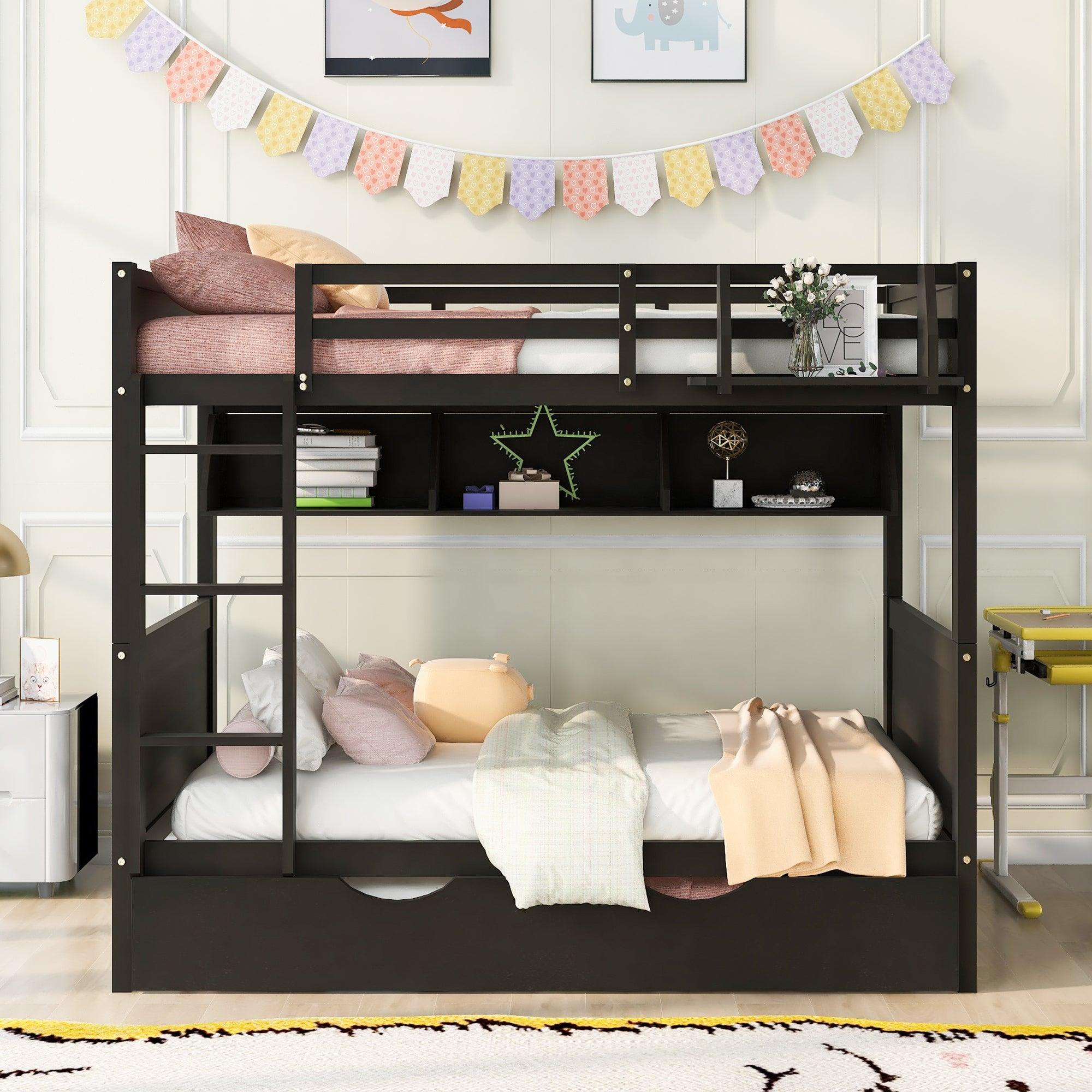 Full-Over-Full Bunk Bed with Twin size Trundle , Separable Bunk Bed with Bookshelf for Bedroom-Espresso