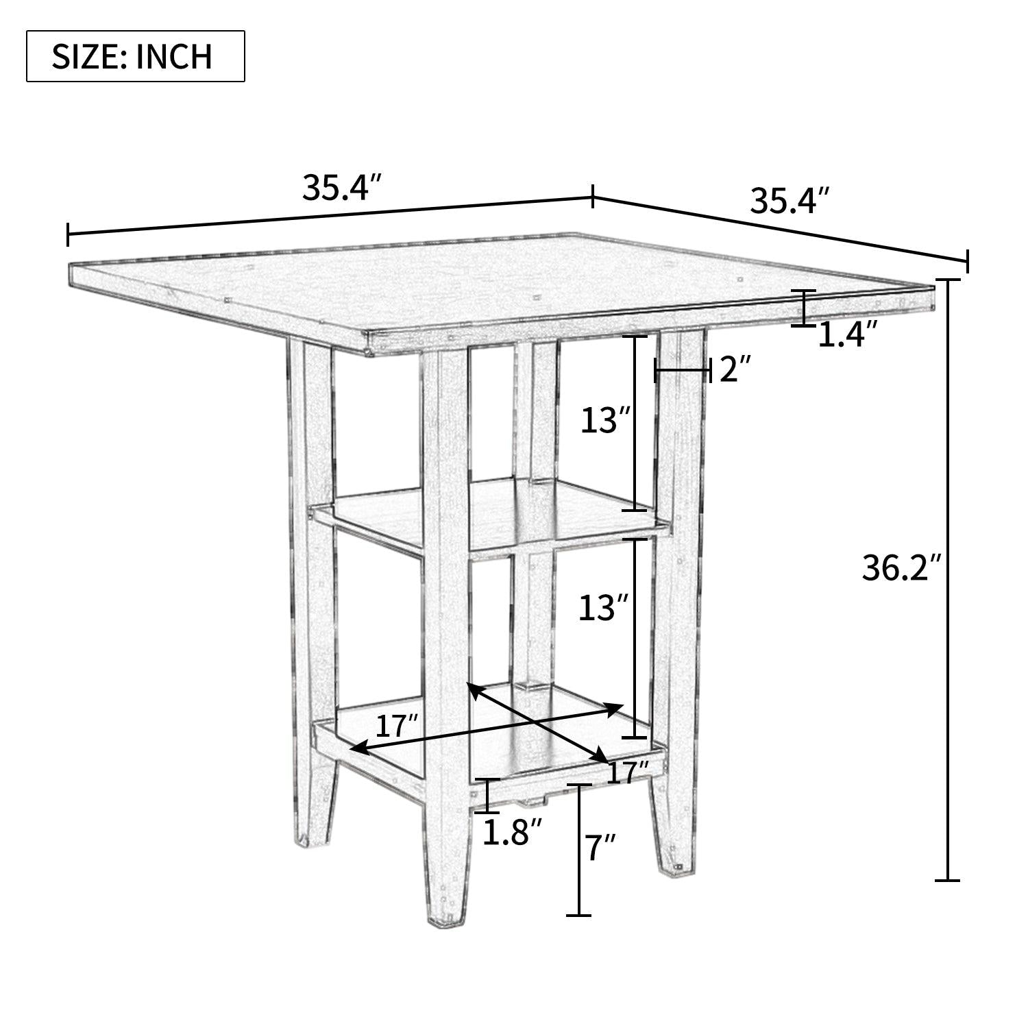 Square Wooden Counter Height Dining Table with 2-TierStorage Shelving, Espresso