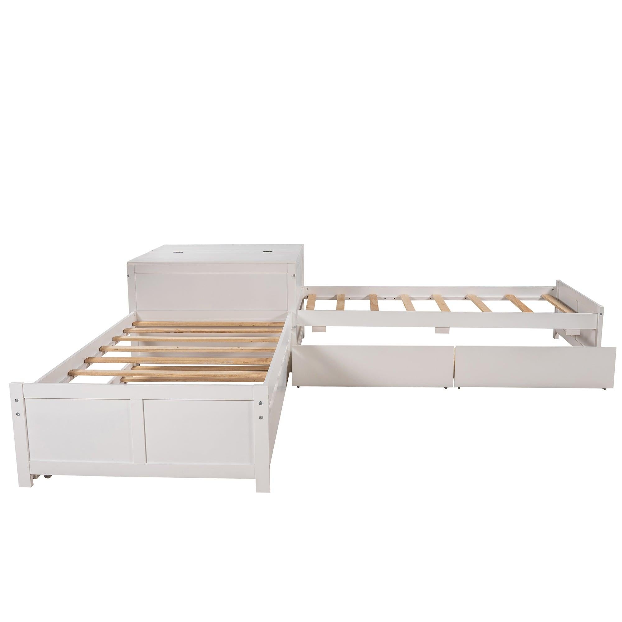 L-shaped Platform Bed with Trundle and Drawers Linked with built-in Flip Square Table,Twin,White