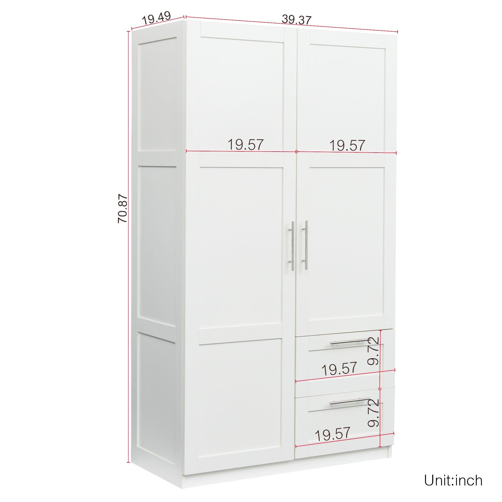 High wardrobe and kitchen cabinet with 2 doors, 2 drawers and 5Storage spaces,white