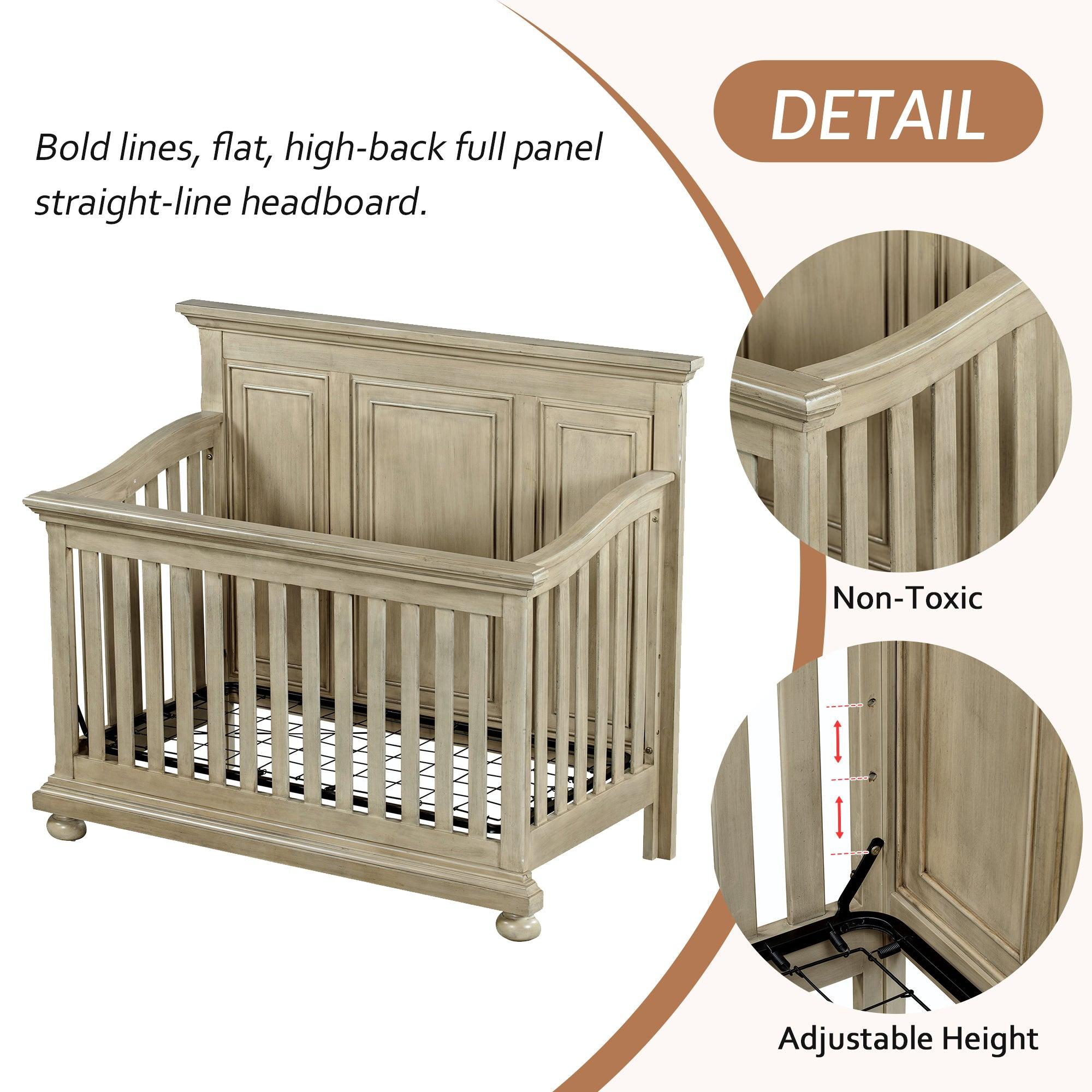 3 Pieces Nursery Sets Traditional Farmhouse Style 4-in-1 Convertible Crib +Dresser with Changing Topper, Stone Gray