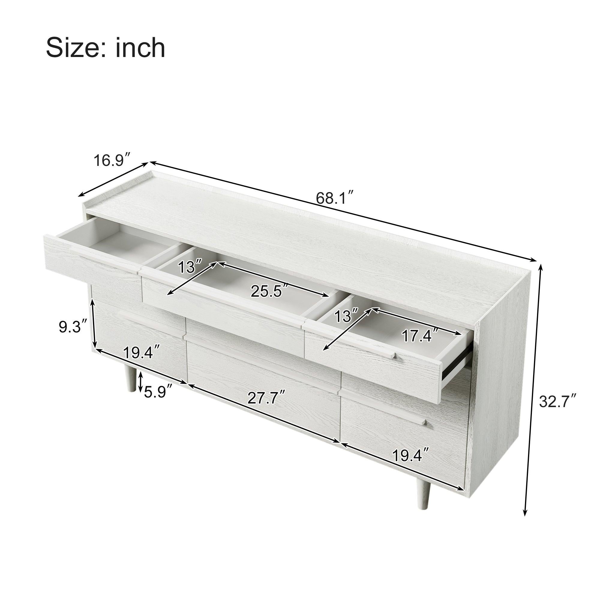 Modern Style Manufactured Wood 9-Drawer Dresser with Solid Wood Legs, White