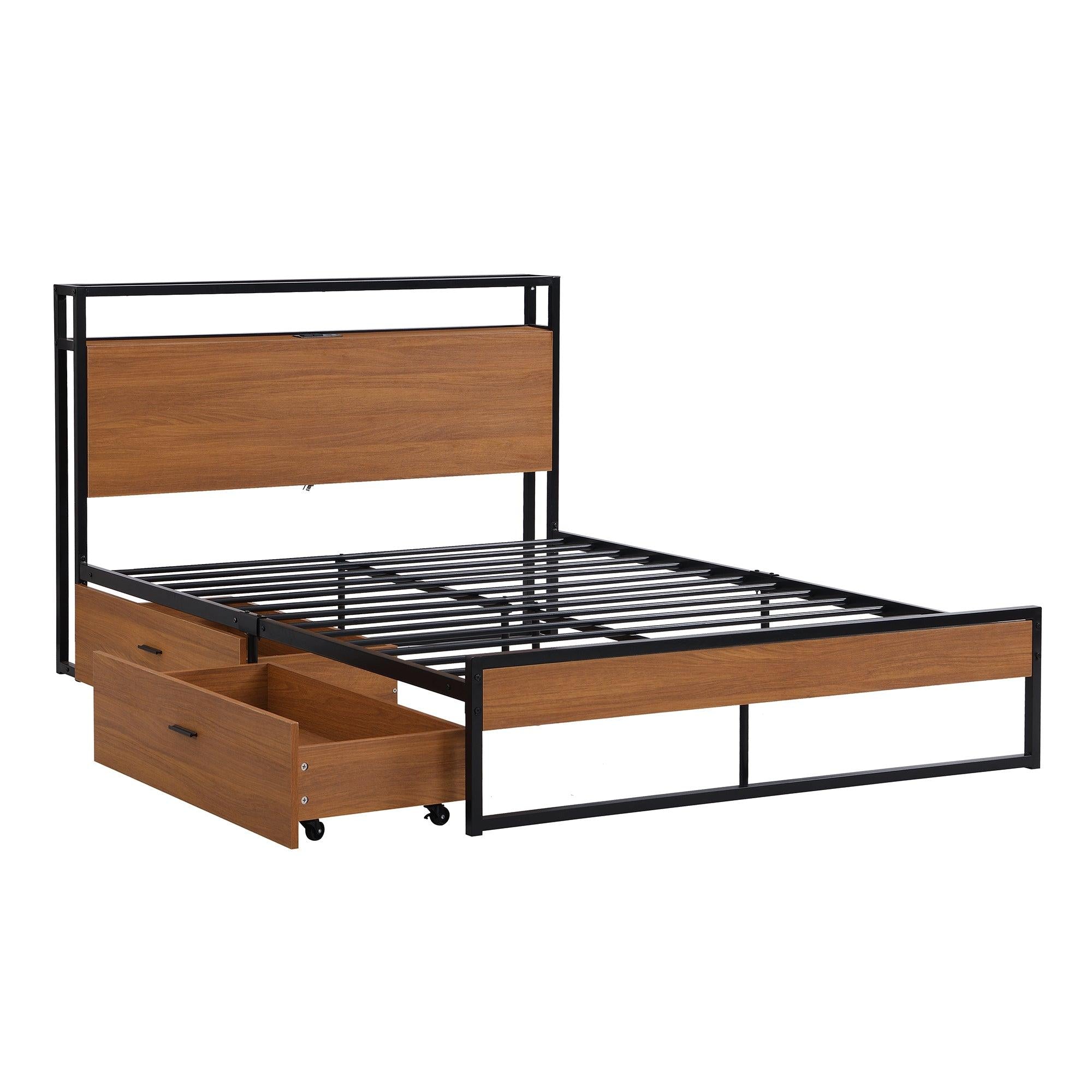 Full Size Metal Platform Bed Frame with  Two Drawers,Sockets and USB Ports ,Slat Support No Box Spring Needed Black