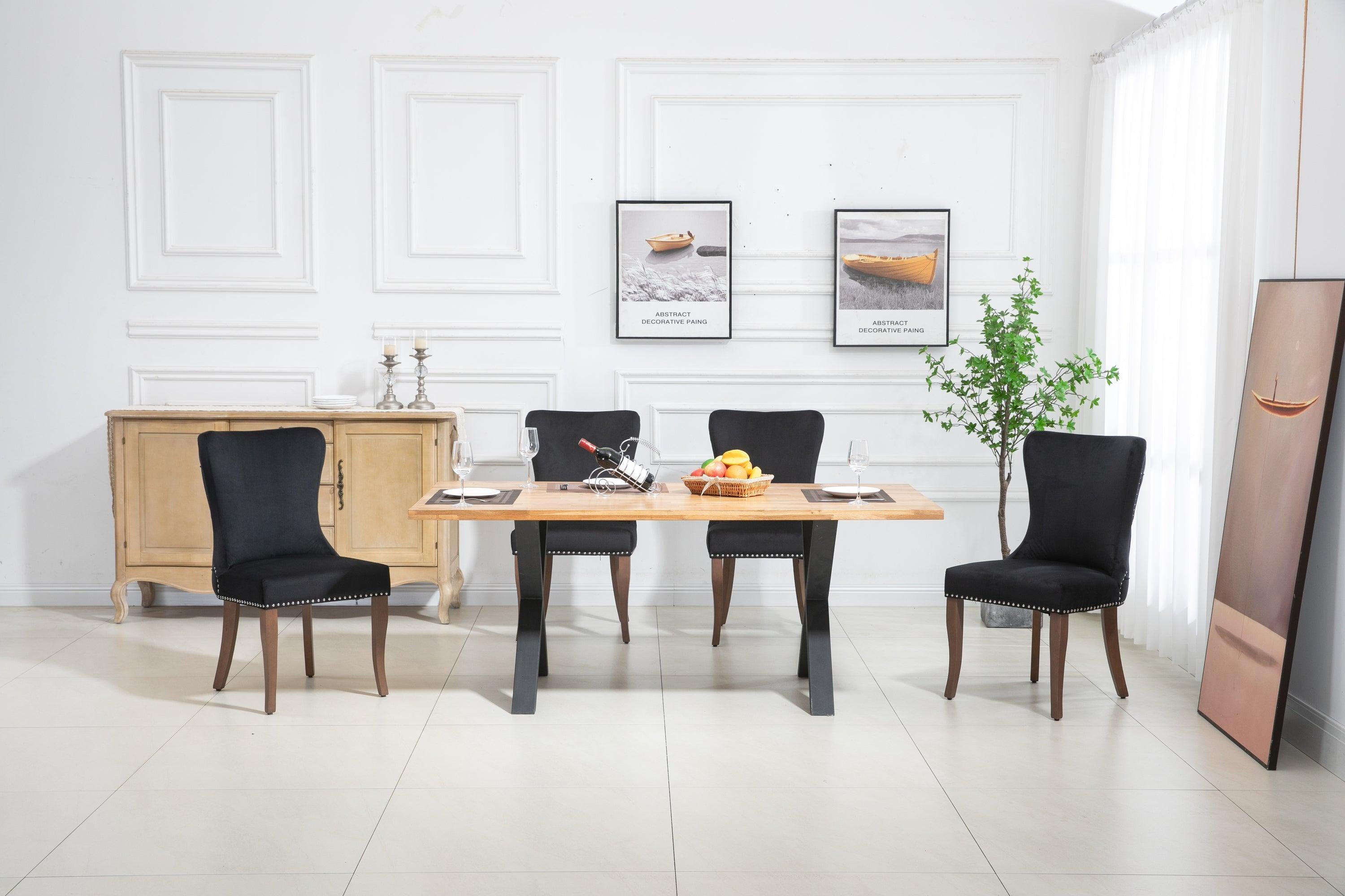 Set of 2 Velvet Upholstered Dining chair with Designed Back and Nailhead trim and Solid Wood Legs BLACK