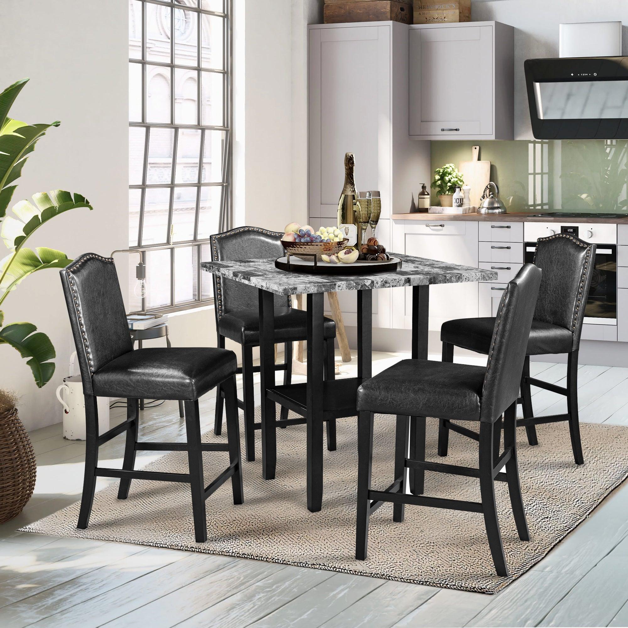 5 Piece Dining Set with Matching Chairs and Bottom Shelf for Dining Room, Black Chair+Gray Table