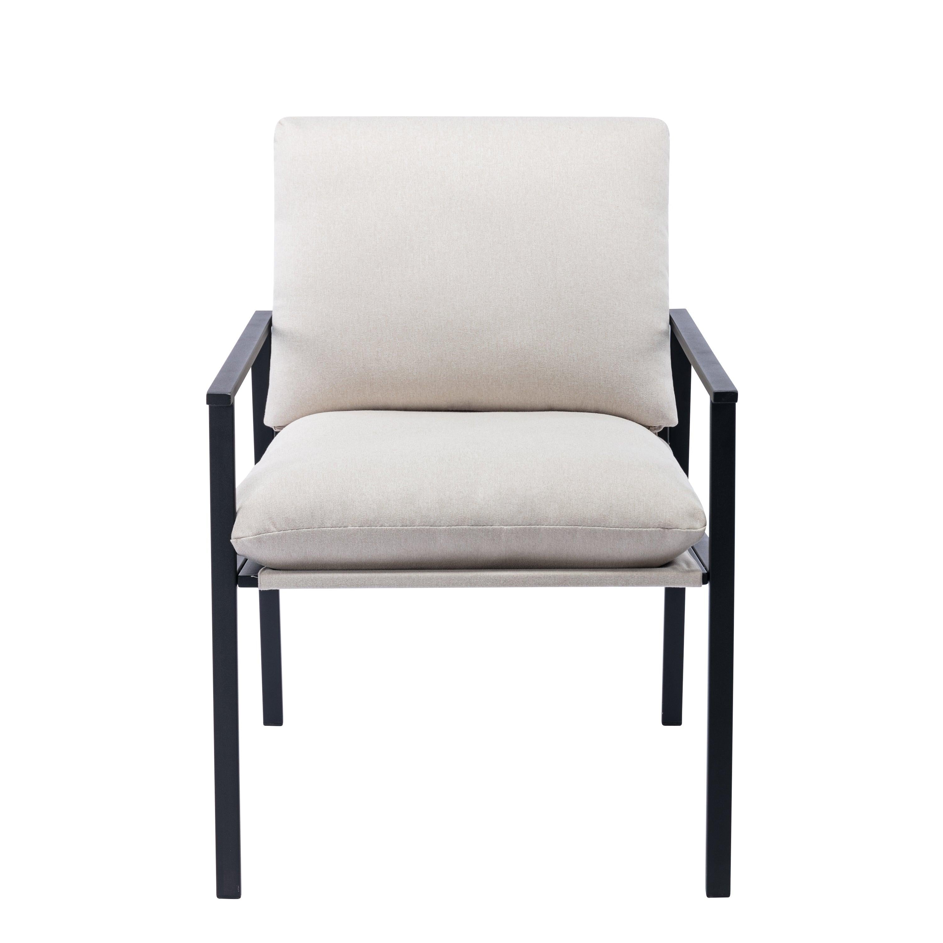 Metal Frame Linen Patio Dining Armchair Accent Chair with Thick Padded Backrest and Seat Cushion for Living Room Bedroom, Off White