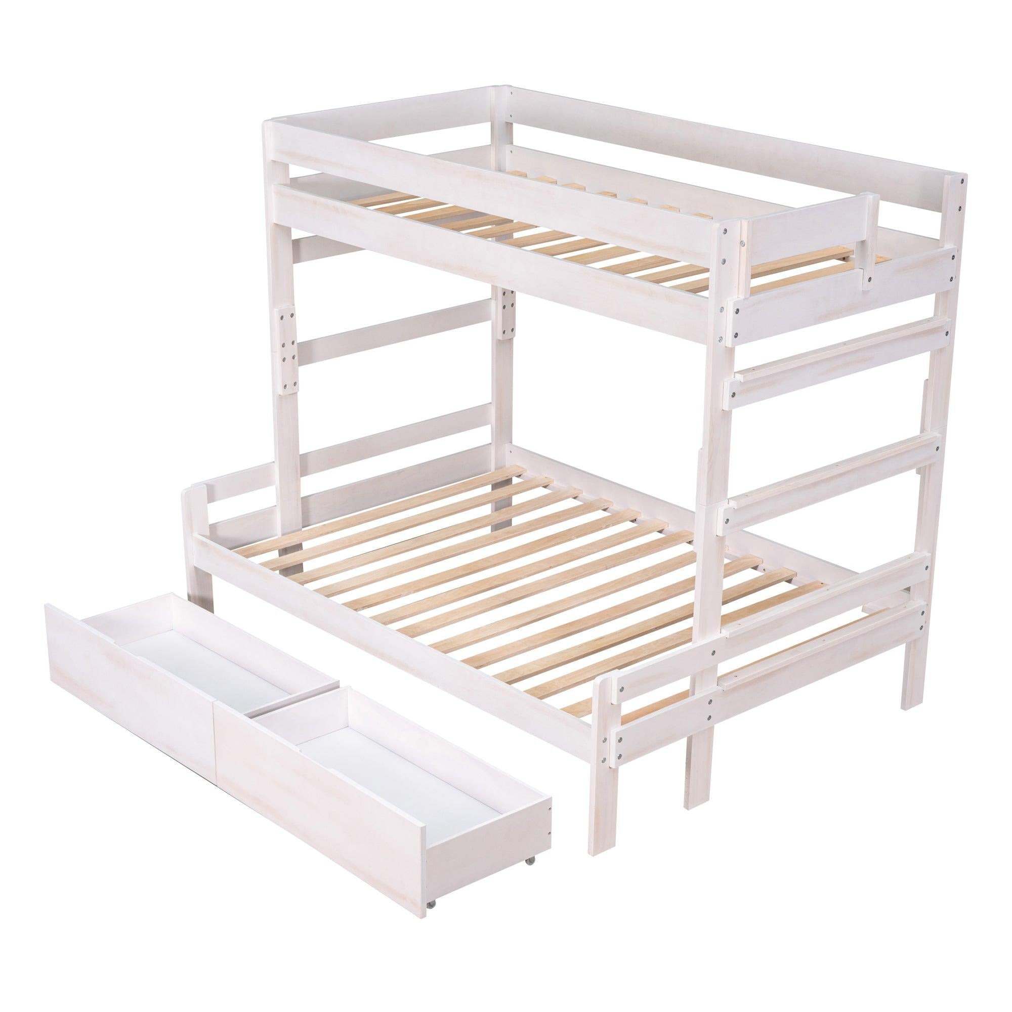 Twin over Full Wood Bunk Bed with 2 Drawers, White