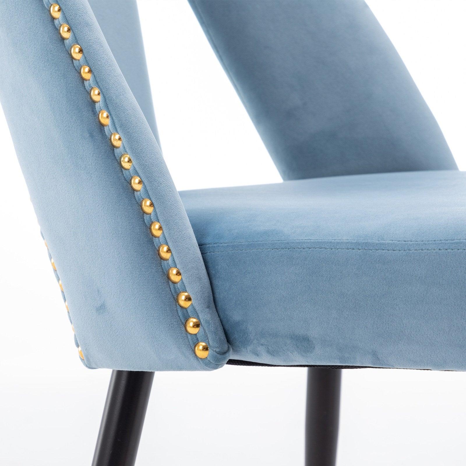 Akoya CollectionModern | Contemporary Velvet Upholstered Dining Chair with Nailheads and Gold Tipped Black Metal Legs, Light Blue，Set of 2