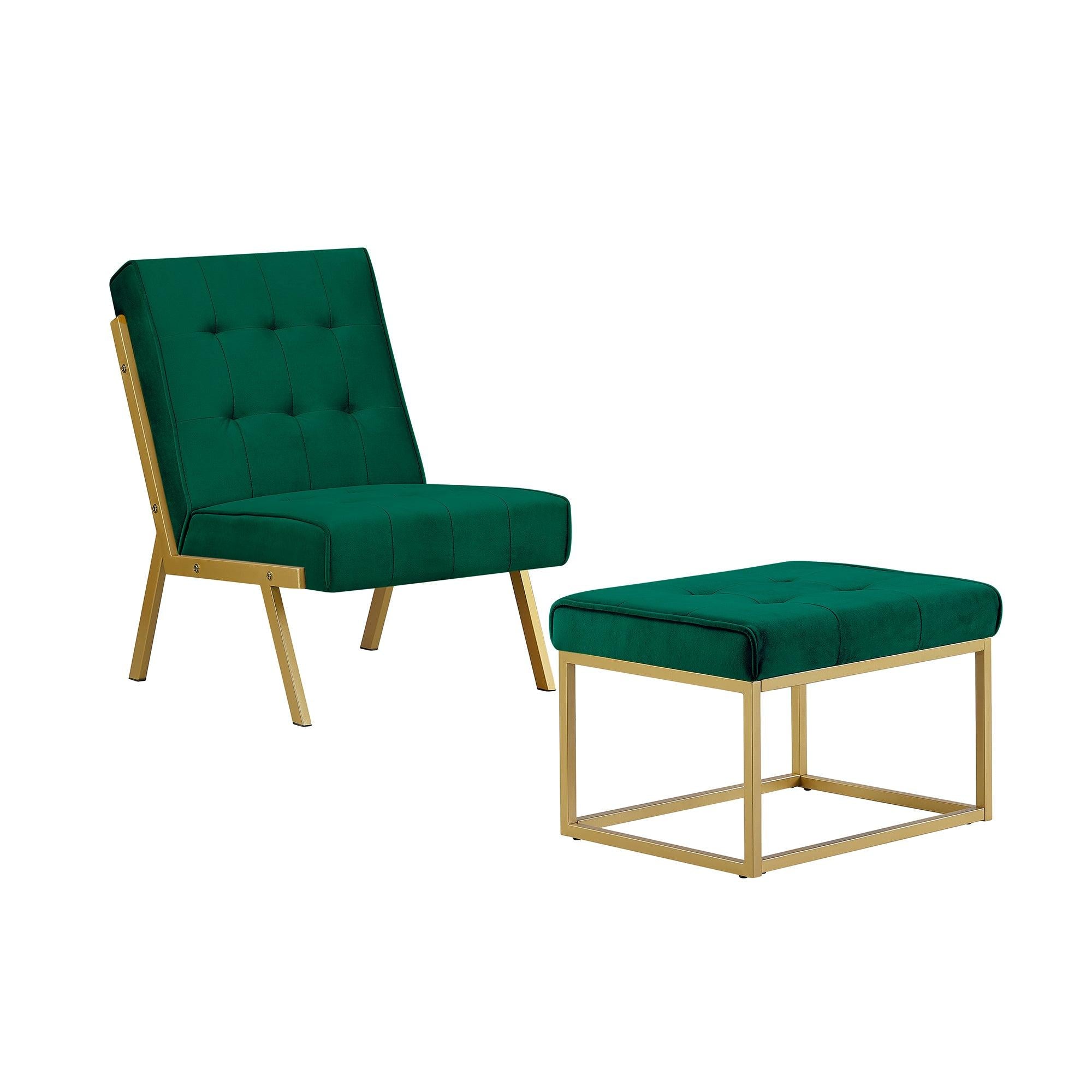 Gold Metal Frame Velvet Upholstery Chair with Ottoman(Green)