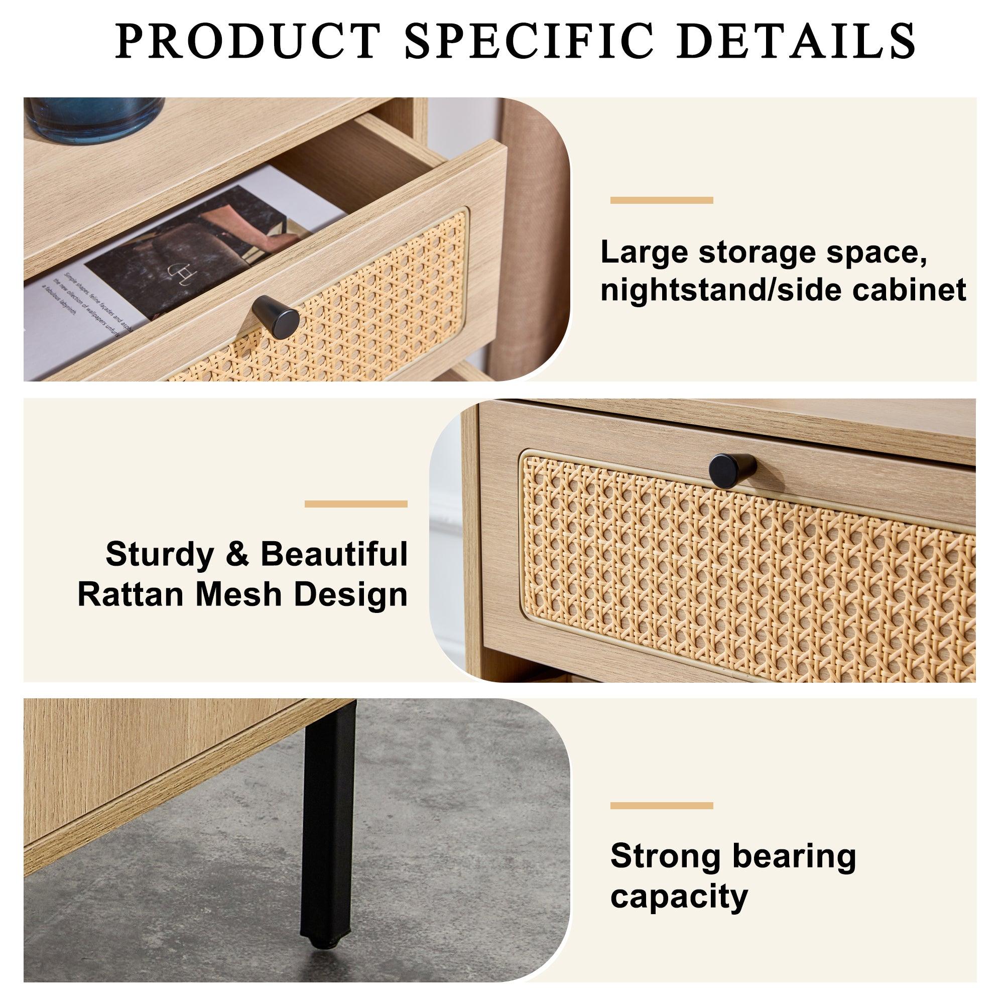 Modern simpleStorage cabinet MDF Board bedside cabinet Japanese rattan bedside cabinet Small household furniture bedside table.Applicable to dressing table in bedroom, porch, living room.2 Drawers