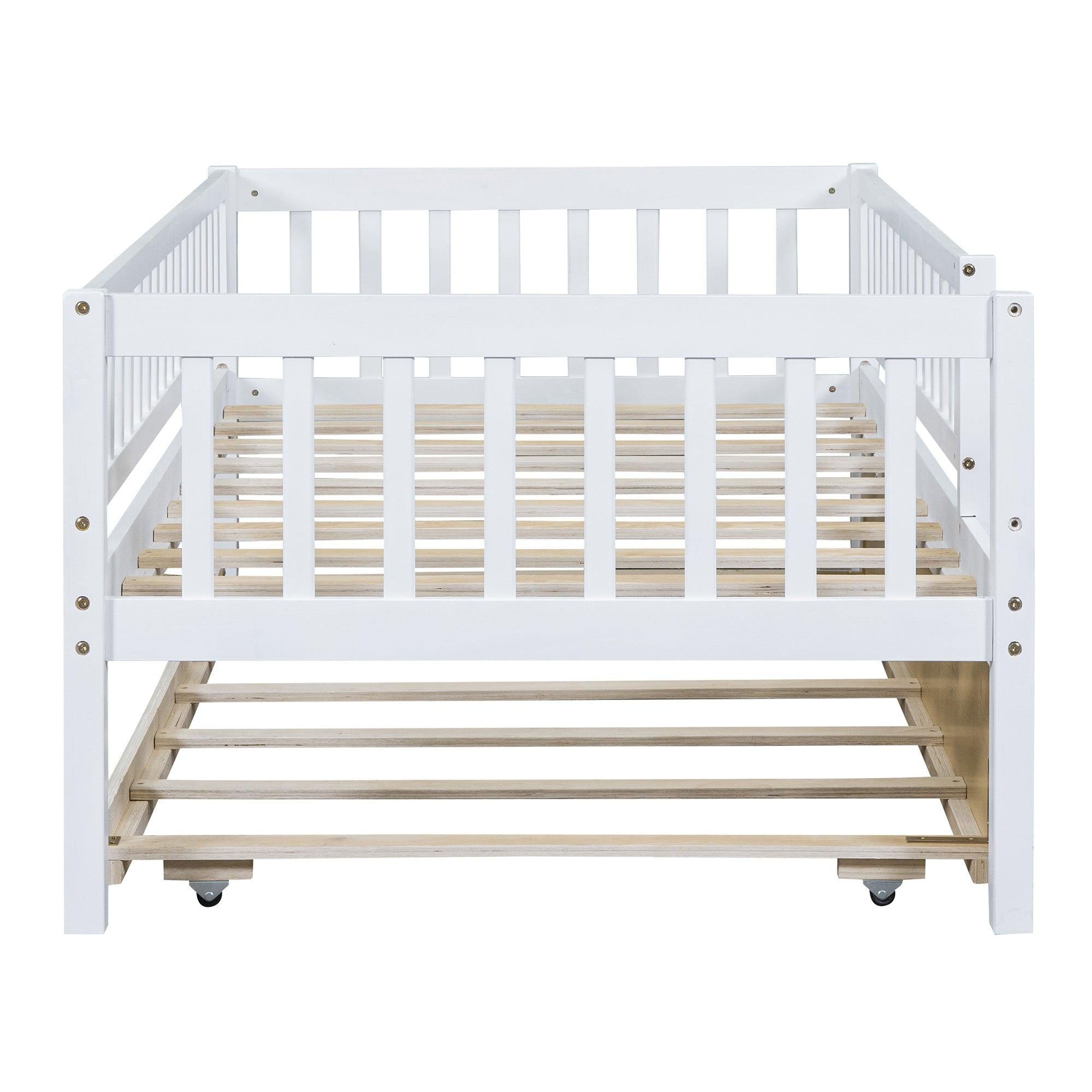 Twin Size Wood Daybed with Trundle and Fence Guardrails, White