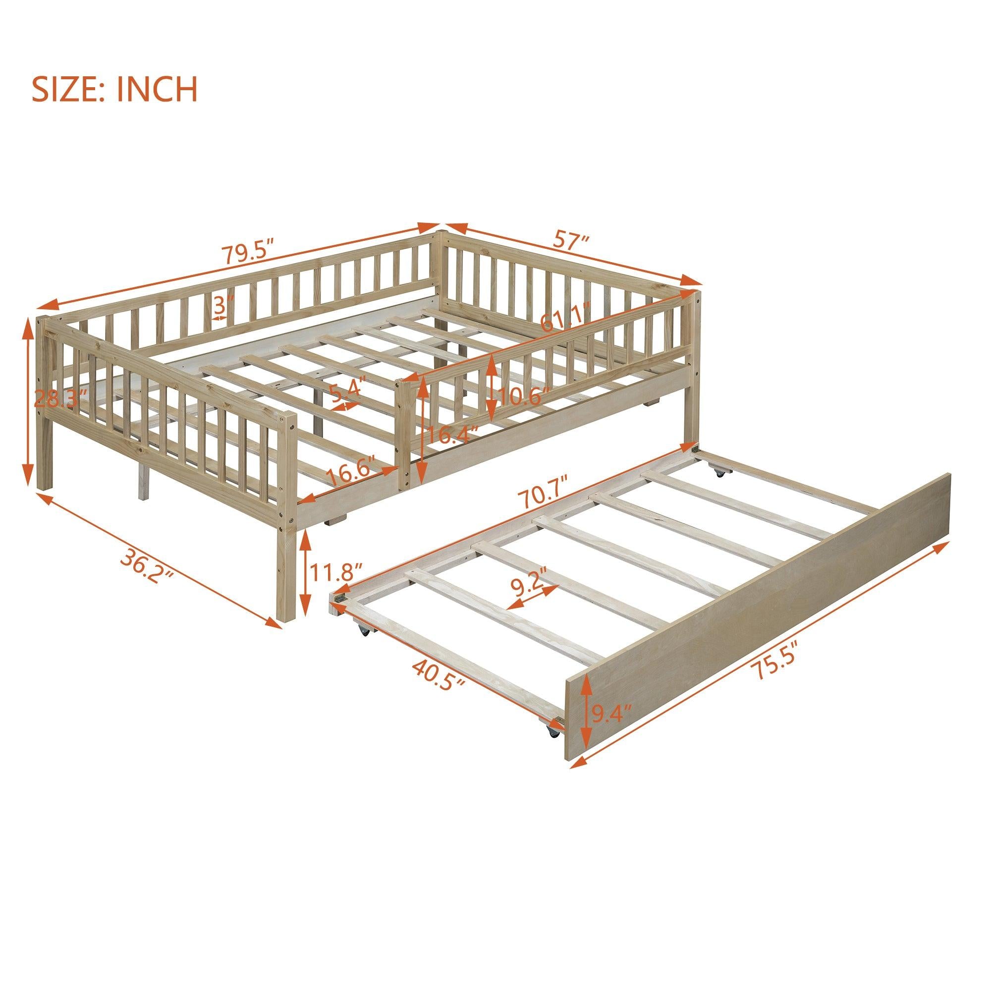 Full Size Wood Daybed with Trundle and Fence Guardrails, Natural