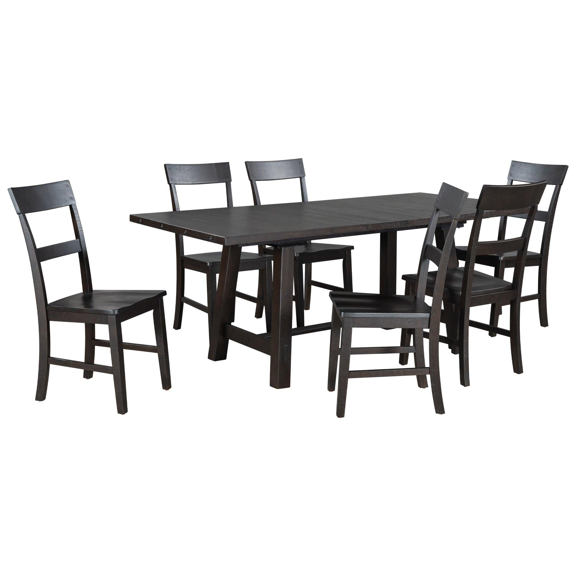 Retro Industrial Style 7-Piece Dining Table Set Extendable Table with 18” Leaf and Six Wood Chairs 
(Espresso)