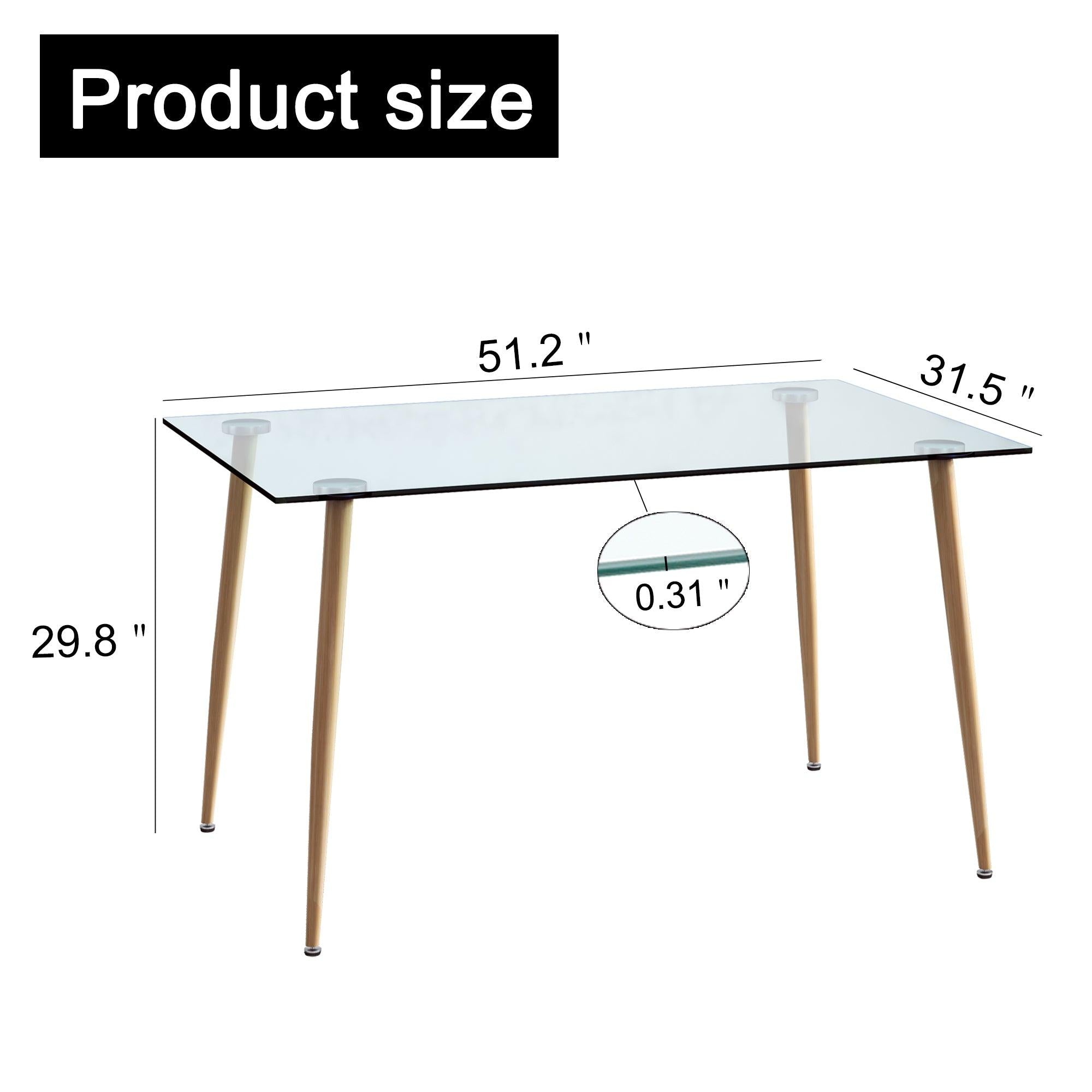 Modern Rectangular Glass Dining Table for 4-6 with 0.31" Tempered Glass Tabletop and Light woodcolor Powder Coating  Metal Legs, Writing Table Desk,for Kitchen Dining Living Room, 51" W x 31"D x 30" H