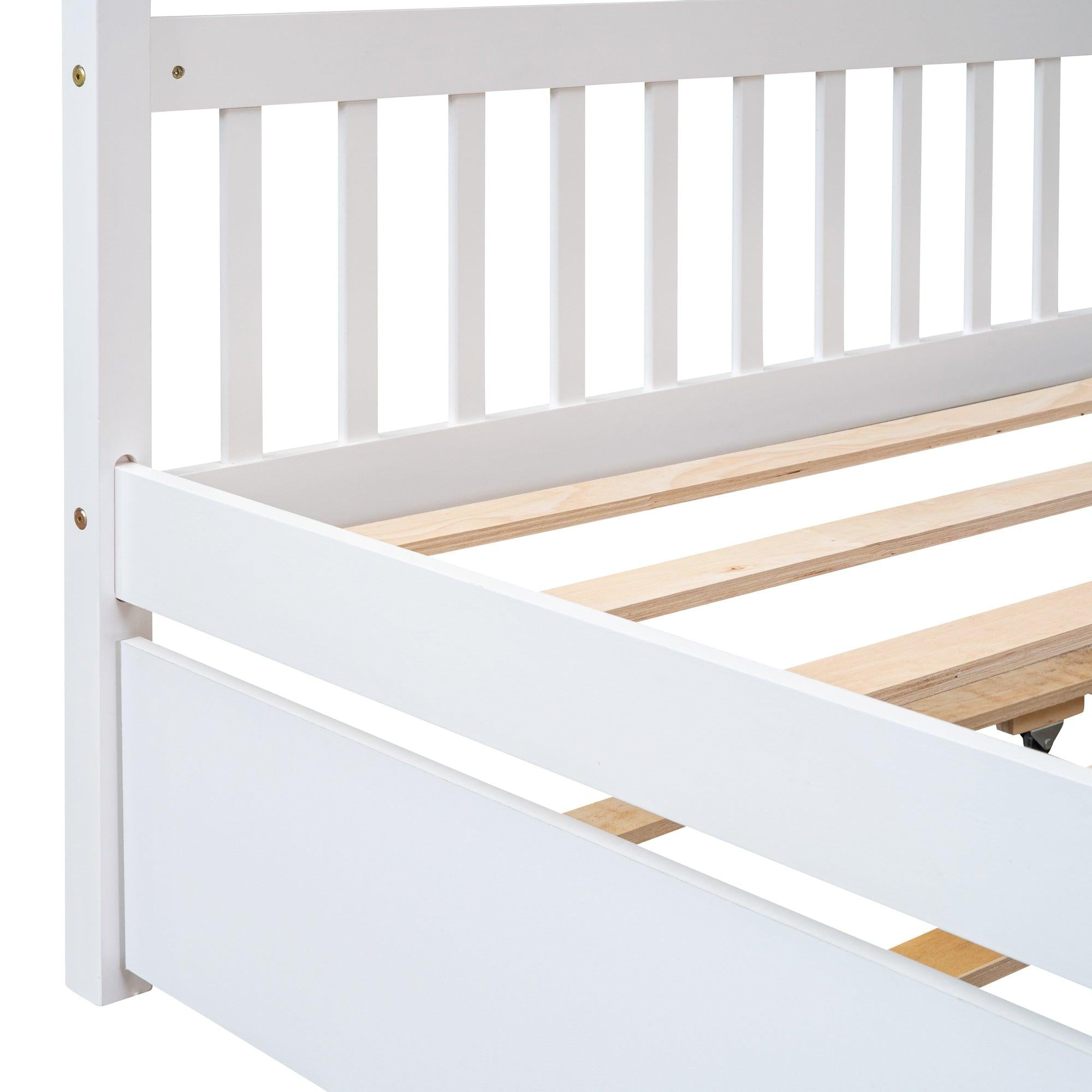 Full Size Wooden House Bed with Twin Size Trundle, White