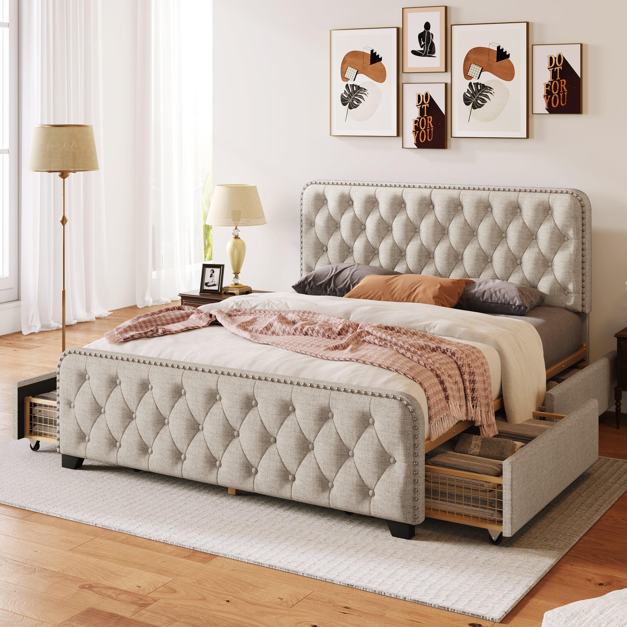 Upholstered Platform Bed Frame with Four Drawers, Button Tufted Headboard and Footboard Sturdy Metal Support, No Box Spring Required, Beige, Queen image