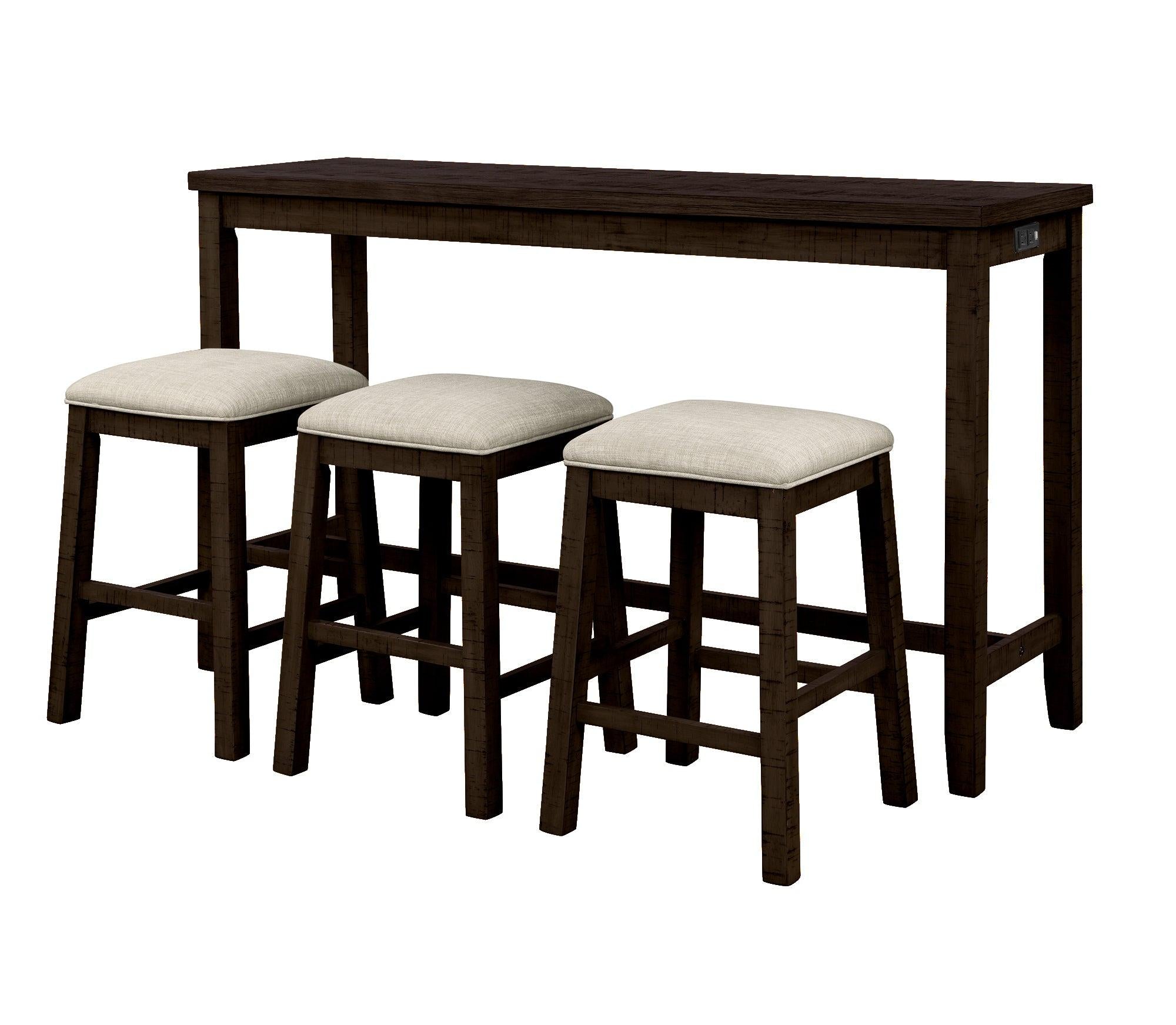 4 Pieces Counter Height Table with Fabric Padded Stools, Rustic Bar Dining Set with Socket, Brown