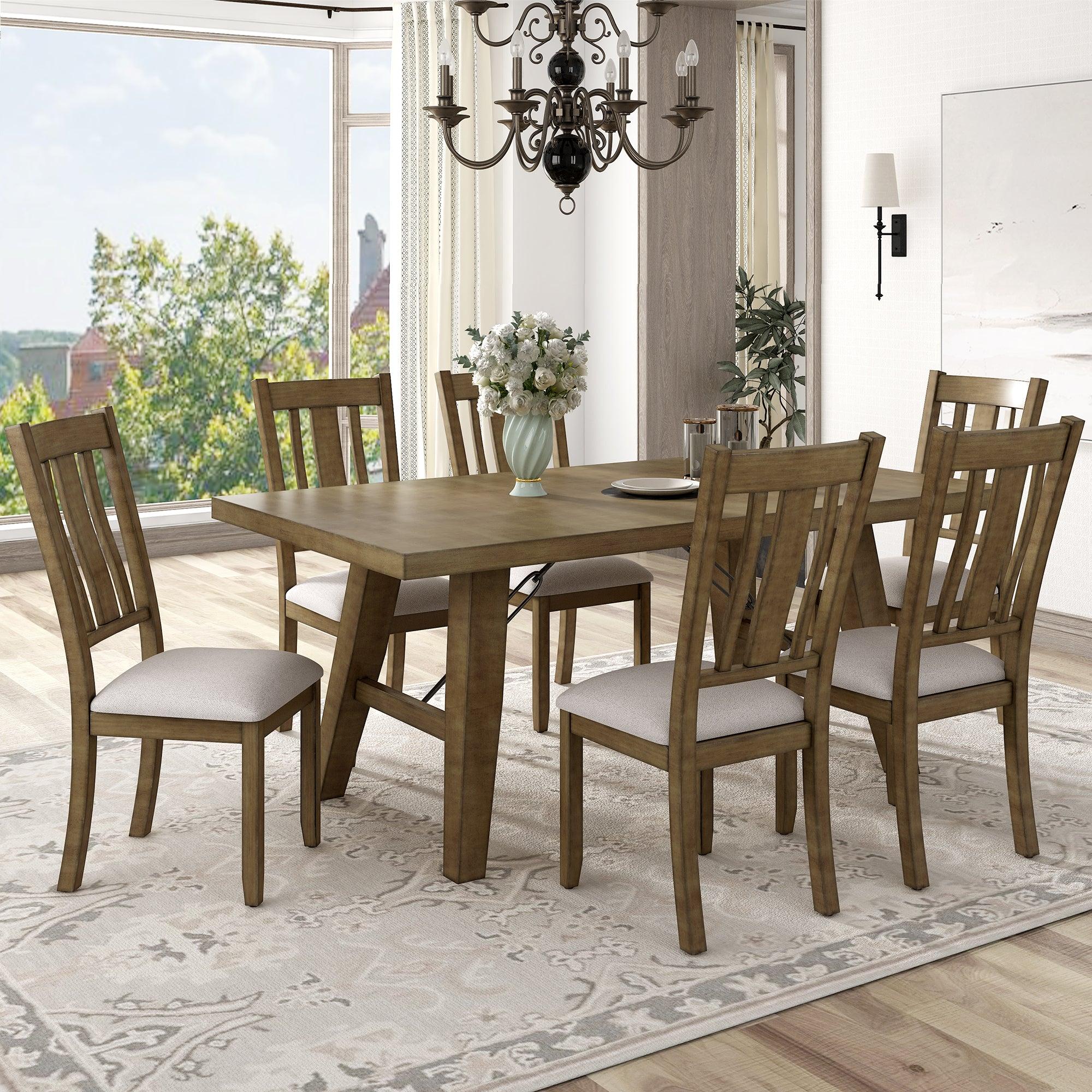 7-Piece Dining Room Set - 72" Industrial Style Rectangular Table with Chain Bracket and 6 Dining Chairs (Natural Walnut) image