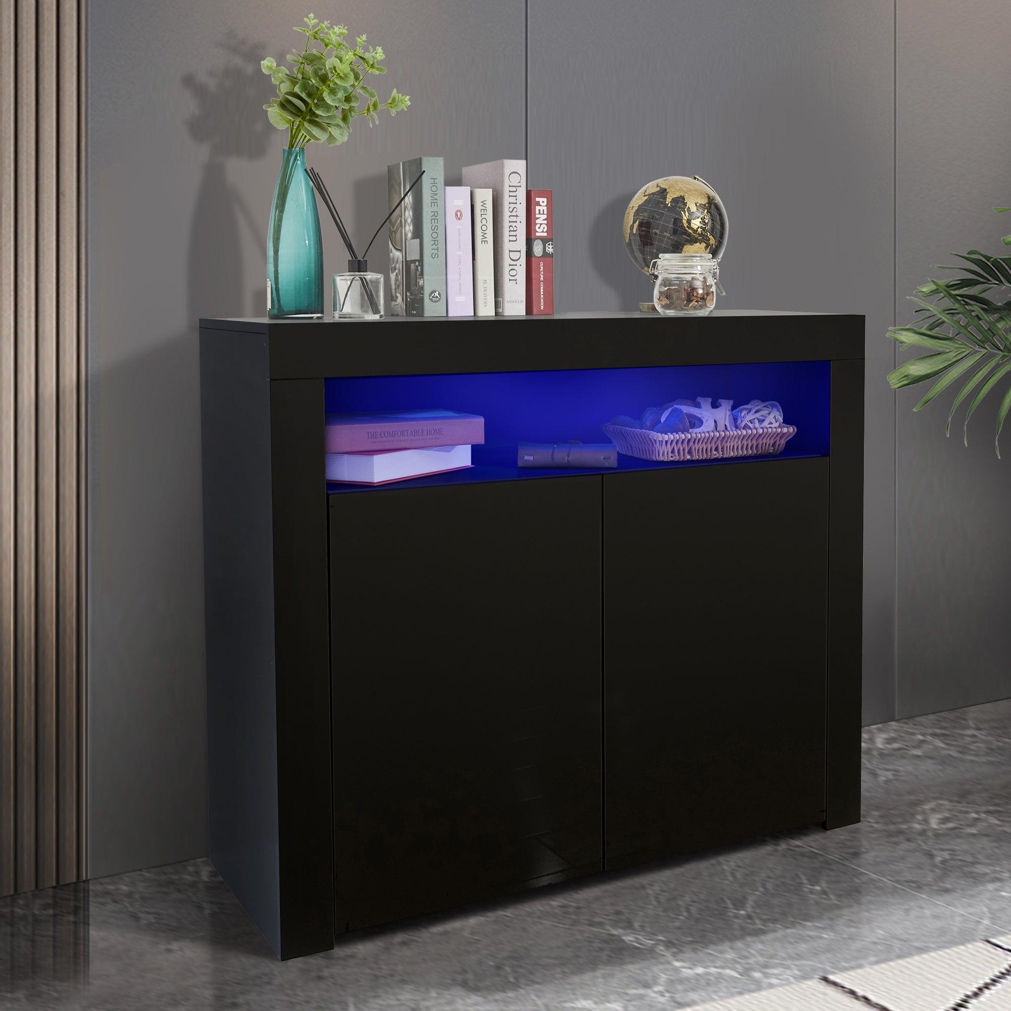 Living Room SideboardStorage Cabinet Black High Gloss with LED Light,Modern Kitchen Unit Cupboard Buffet WoodenStorage Display Cabinet TV Stand with 2 Doors for Hallway Dining Room